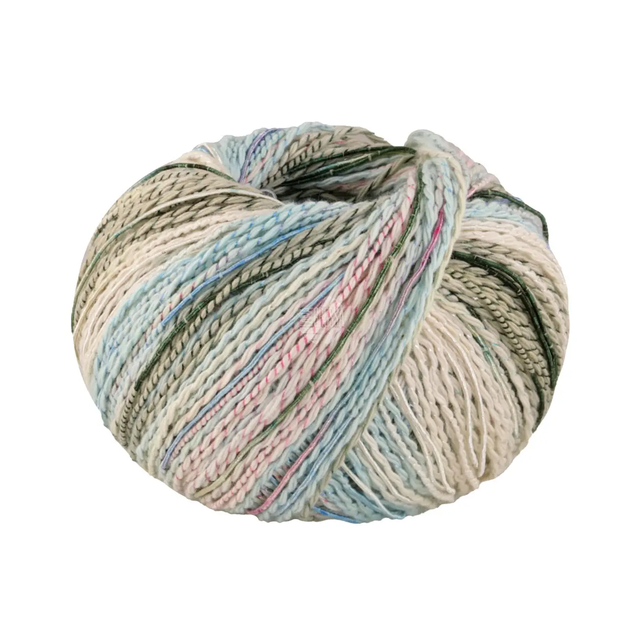 Torto 2 Rohweiß/Mint/Rosa/Grau-/Dunkelgrün/Hellblau von Lana Grossa. Baumwoll-Effektgarn mit doppeltem Farbeffekt unregelmäßig mit einem feinen glänzenden Faden umwickelt