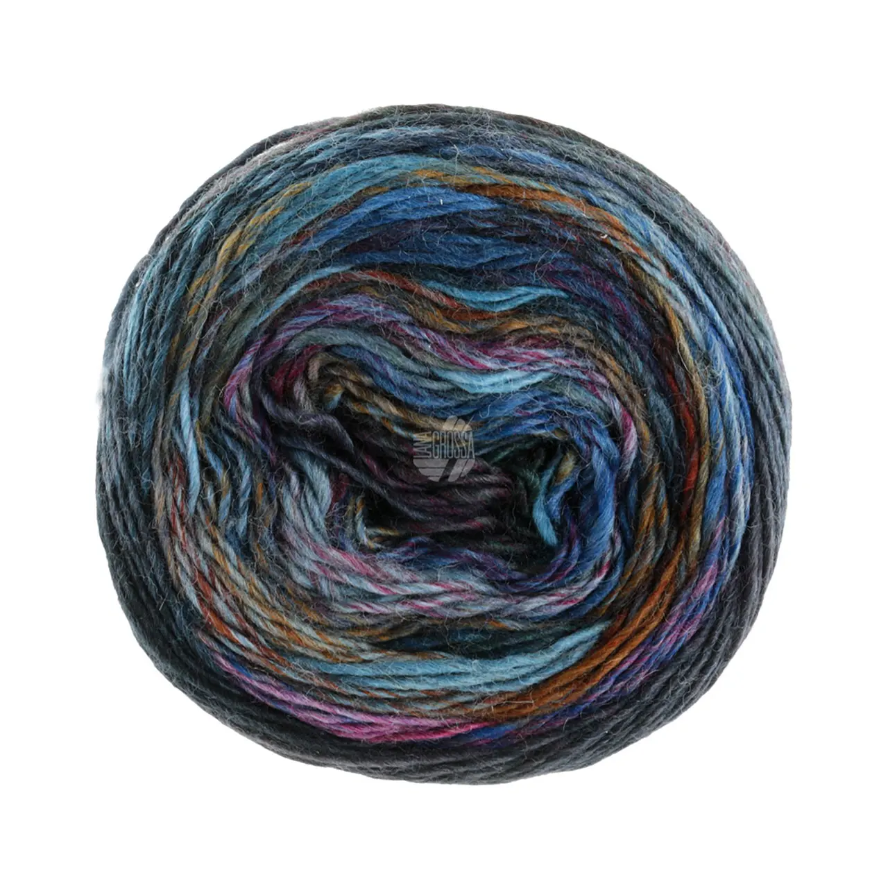 Colorissimo 210 Türkis/Aubergine/Schwarzgrün/Nougat/Schokobraun/Dunkelpetrol/Dunkelgrau von Lana Grossa. Dochtgarn aus 100% Merinowolle mit effektvollen Farbmustern