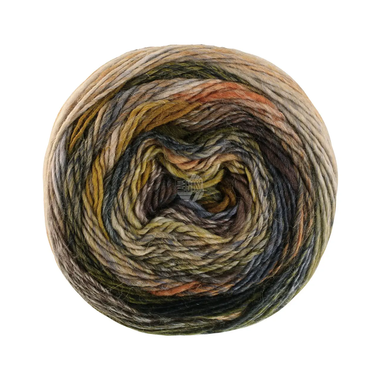 Colorissimo 215 Orangebraun/Silber-/Hellgrau/Hellbeige/Blau-/Stahlgrau/Moos-/Waldgrün von Lana Grossa. Dochtgarn aus 100% Merinowolle mit effektvollen Farbmustern