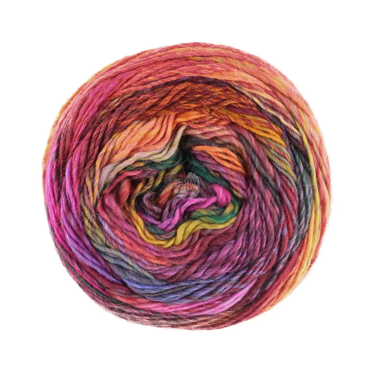 Colorissimo 218 Pink/Fuchsia/Dotter-/Graugelb/Orange/Rotbraun/Graugrün/Schwarzrot von Lana Grossa. Dochtgarn aus 100% Merinowolle mit effektvollen Farbmustern