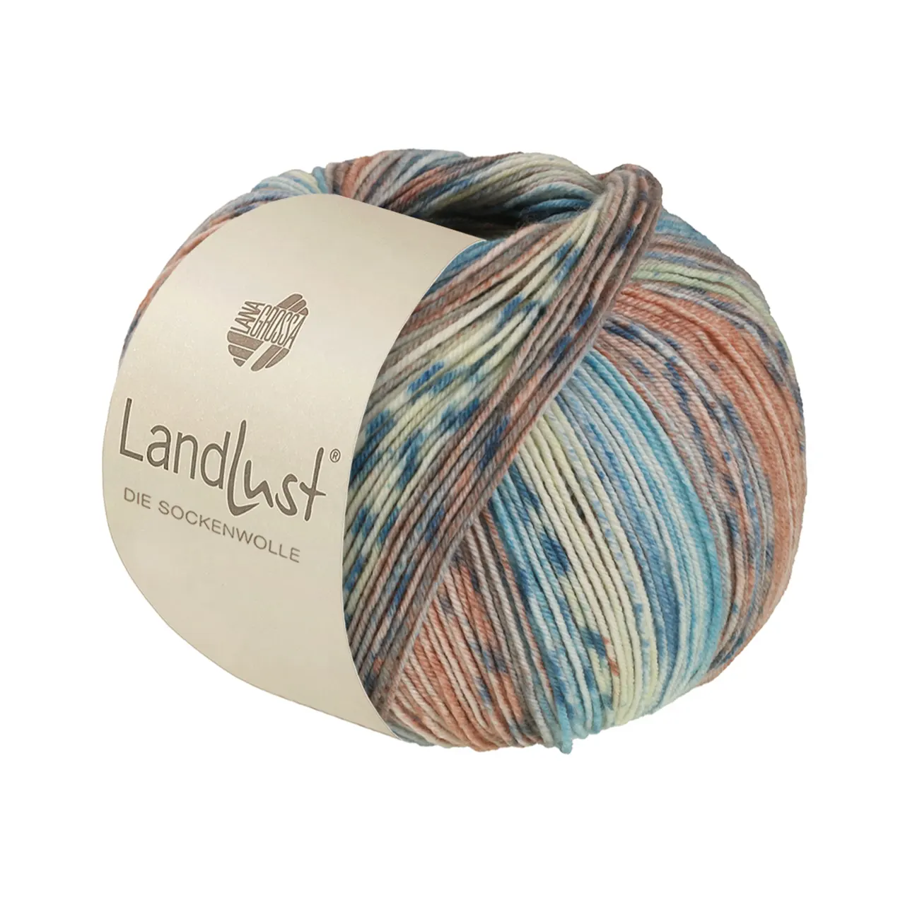 Landlust die Sockenwolle Seide 333 Minttürkis/Petrol/Pfirsich/Rosabraun/Weißgrün/Grüngelb Gestreift von Lana Grossa. Sockengarn von Lana Grossa und Landlust waschmaschinenfest mit Seidenanteil garantiert filzfrei extra strapazierfähig