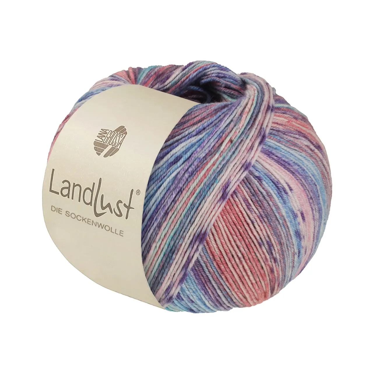Landlust die Sockenwolle Seide 334 Türkis/Himmelblau/Violett/Rosa/Lachs/Grau-/Zartrosa Gestreift von Lana Grossa. Sockengarn von Lana Grossa und Landlust waschmaschinenfest mit Seidenanteil garantiert filzfrei extra strapazierfähig