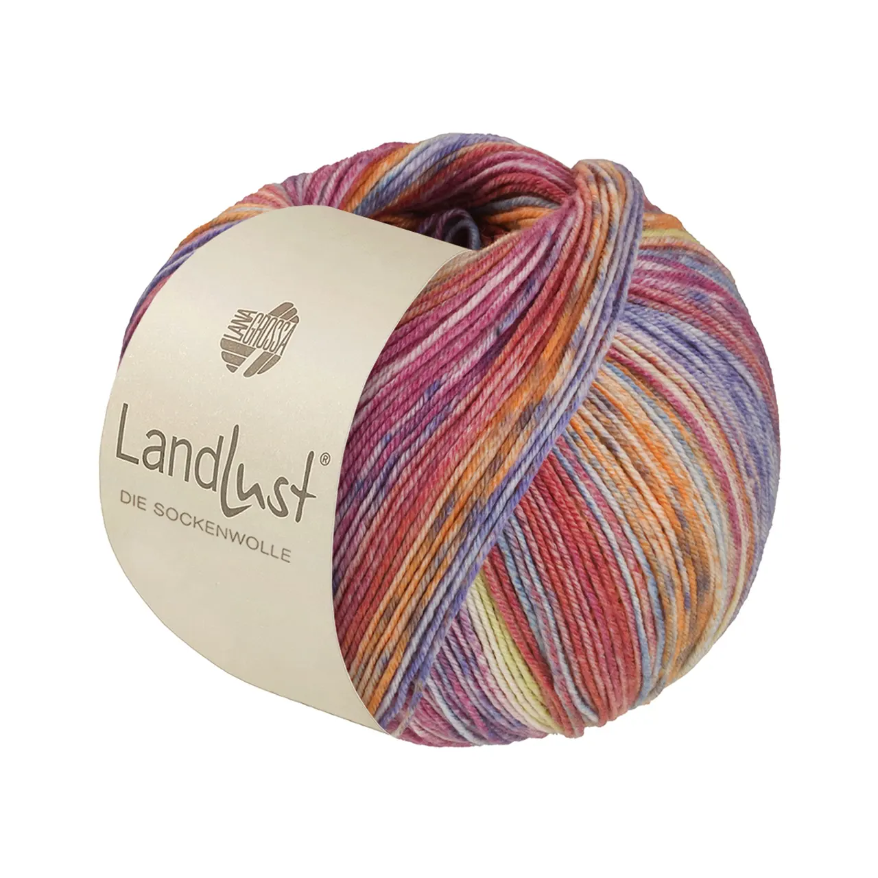 Landlust die Sockenwolle Seide 335 Orange/Grau/Zitrusgelb/Hellblau/Blau/Violett/Fuchsia/Hellrot Gestreift von Lana Grossa. Sockengarn von Lana Grossa und Landlust waschmaschinenfest mit Seidenanteil garantiert filzfrei extra strapazierfähig