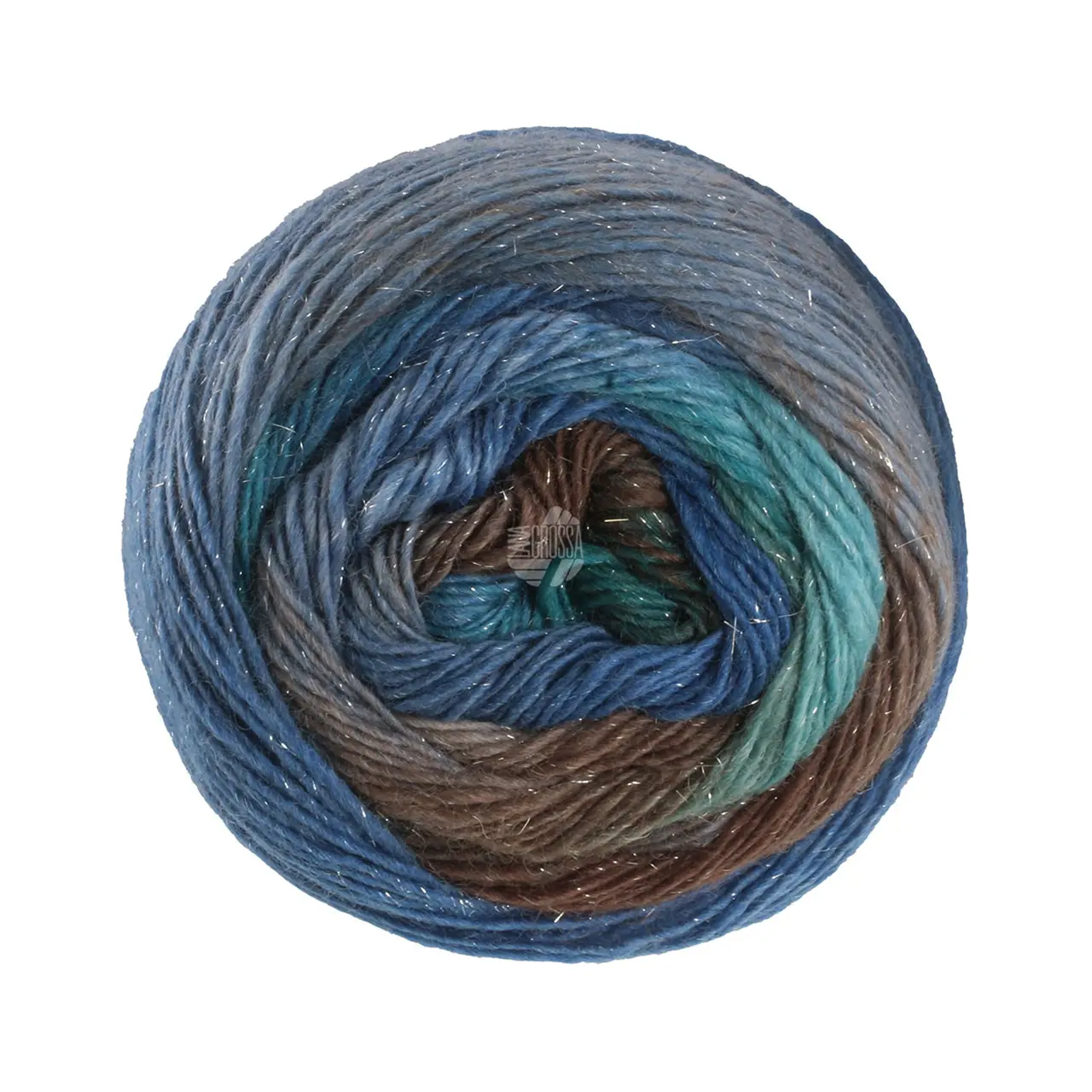 Meilenweit 100 Color Mix Sparks 7615 Graublau/Petrol/Seegrün/Grau-/Dunkelbraun/Blaupetrol von Lana Grossa. Merino-Dochtgarn mit Farbverlauf und Glanzfaden für Socken und mehr waschmaschinenfest