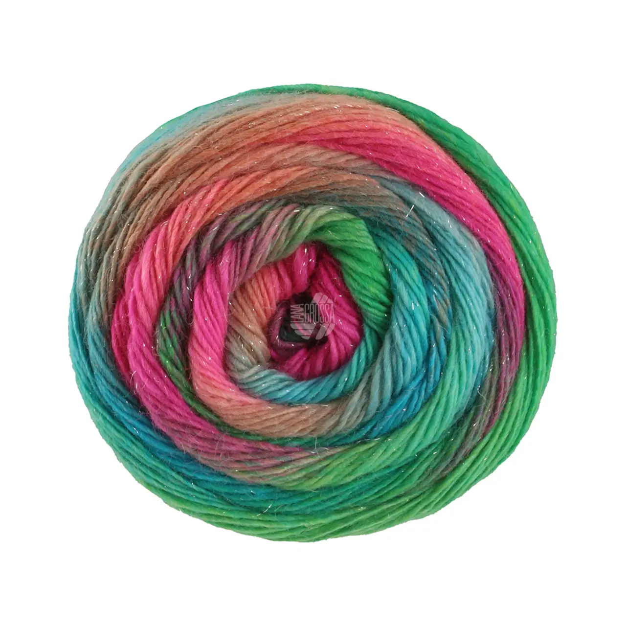 Meilenweit 100 Color Mix Sparks 7618 Himbeer/Rost/Graugrün/Türkis/Jade/Fuchsia von Lana Grossa. Merino-Dochtgarn mit Farbverlauf und Glanzfaden für Socken und mehr waschmaschinenfest