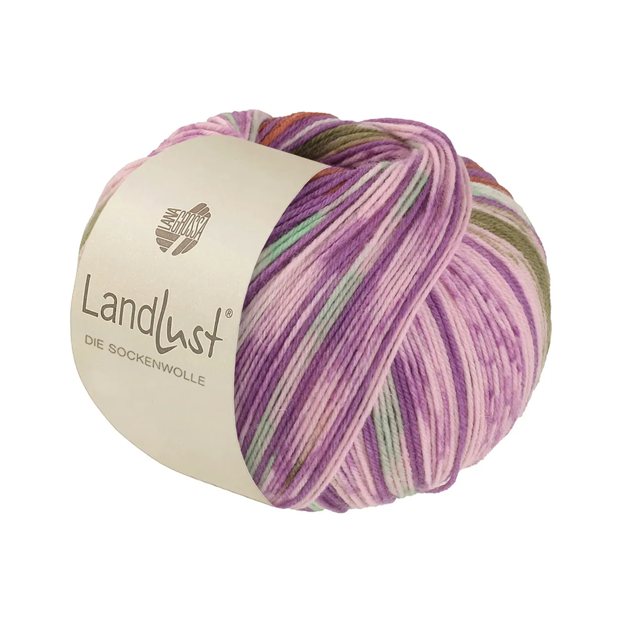 Landlust die Sockenwolle 611 Orchidee/Braun/Maigrün/Ecru/Rosé/Oliv Gestreift von Lana Grossa. Sockengarn aus Merinowolle in verschiedenen Mustern und jeweils unterschiedlichen Farben
