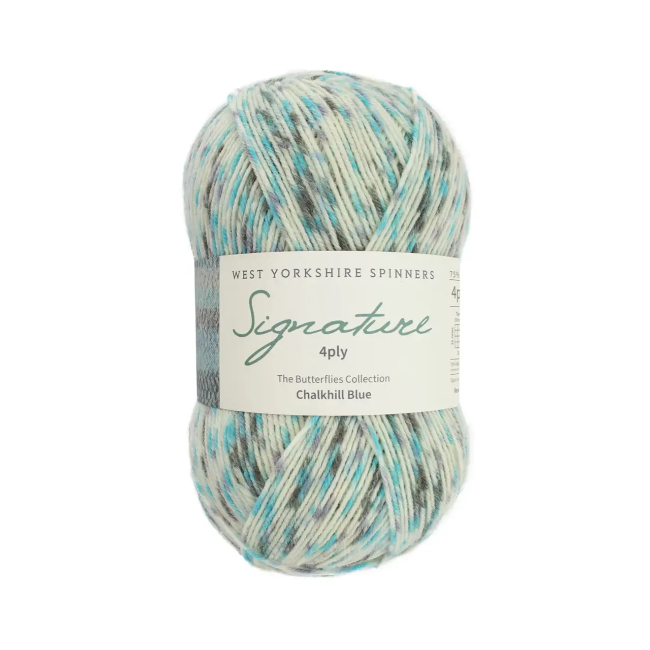 Signature 4-Fach Butterflies 1242 Chalkhill Blue von West Yorkshire Spinners. Sehr weiches und strapazierfähiges Garn aus hochwertigen Materialien mit außergewöhnlicher Vielseitigkeit ideal für Socken Schals und Tücher mit schönem Fall. Erhältlich in vielen kräftigen bis natürlichen Unifarben aber auch als selbststreifende „Colormix“ Variante. Mehrfach als „Bestes Sockengarn“ ausgezeichnet.