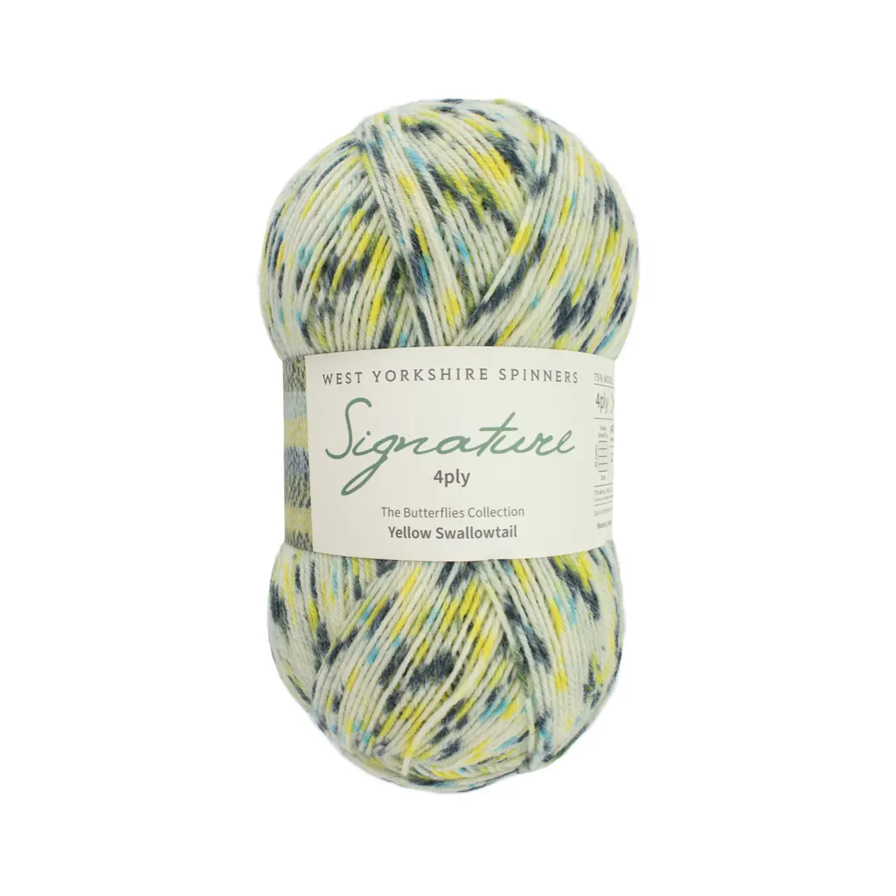 Signature 4-Fach Butterflies 1245 Yellow Swallowtail von West Yorkshire Spinners. Sehr weiches und strapazierfähiges Garn aus hochwertigen Materialien mit außergewöhnlicher Vielseitigkeit ideal für Socken Schals und Tücher mit schönem Fall. Erhältlich in vielen kräftigen bis natürlichen Unifarben aber auch als selbststreifende „Colormix“ Variante. Mehrfach als „Bestes Sockengarn“ ausgezeichnet.