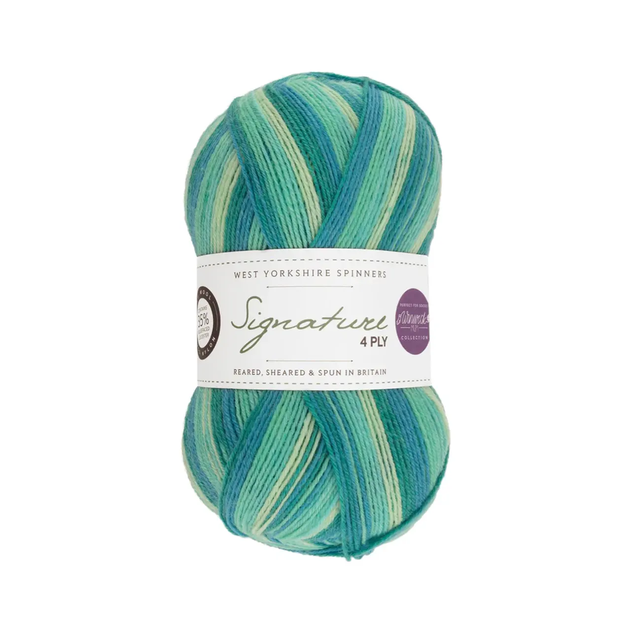 Signature 4-Fach Winwick Mum 873 Seascape von West Yorkshire Spinners. Sehr weiches und strapazierfähiges Garn aus hochwertigen Materialien mit außergewöhnlicher Vielseitigkeit ideal für Socken Schals und Tücher mit schönem Fall. Erhältlich als selbststreifende Variante „Colormix“ inspiriert unter anderem von leuchtenden Cocktailfarben aber auch in vielen kräftigen bis natürlichen Unifarben. Mehrfach als „Bestes Sockengarn“ ausgezeichnet.