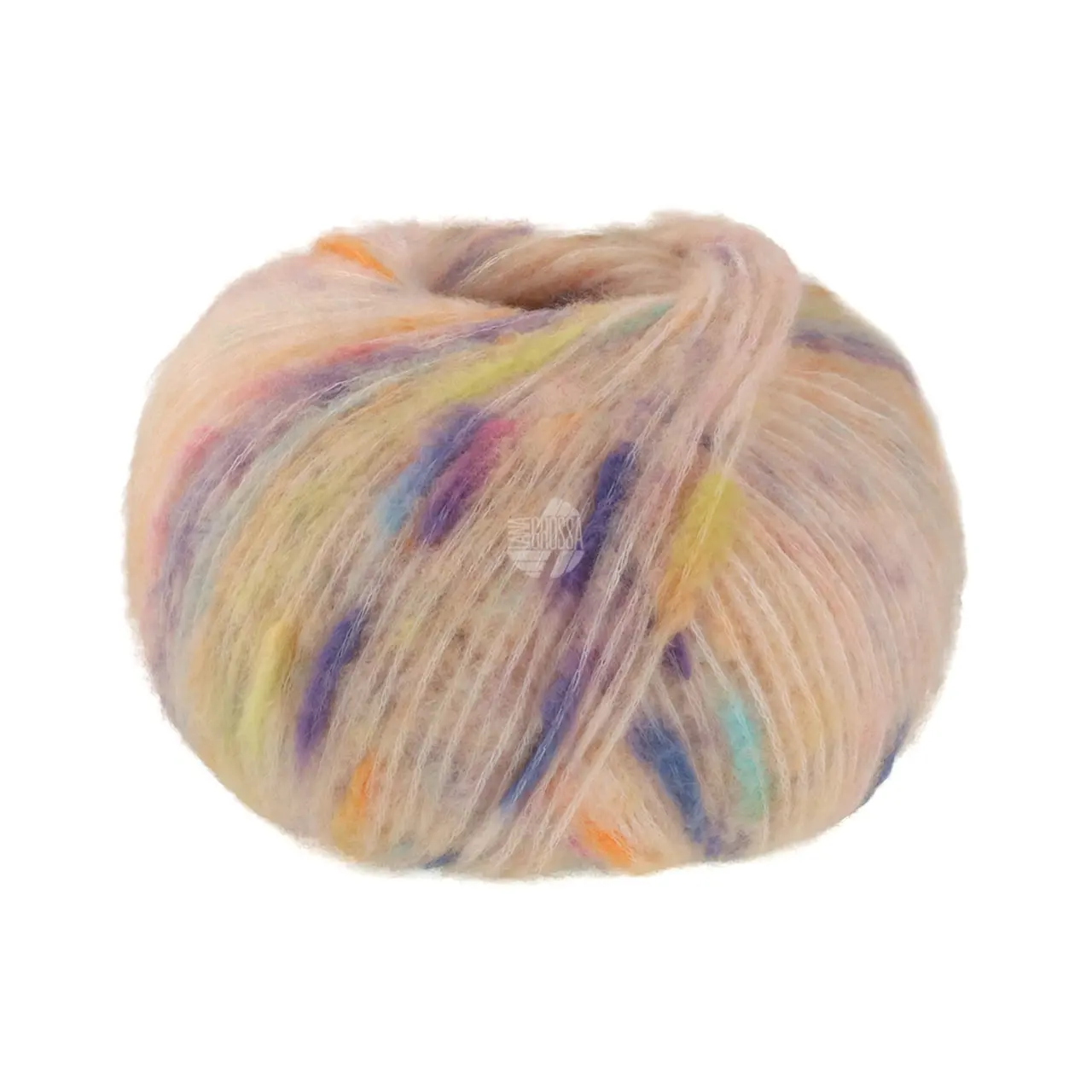 Cassata 1 Pfirsich/Blau/Gelb/Orange/Flieder von Lana Grossa. Flauschiges Effektgarn mit Merinofasern und bunten Farbspots aus Baumwolle.