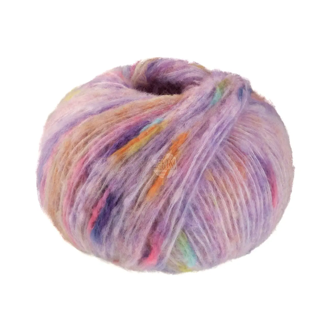 Cassata 3 Zartlila/Rosa/Gelb/Lila von Lana Grossa. Flauschiges Effektgarn mit Merinofasern und bunten Farbspots aus Baumwolle.