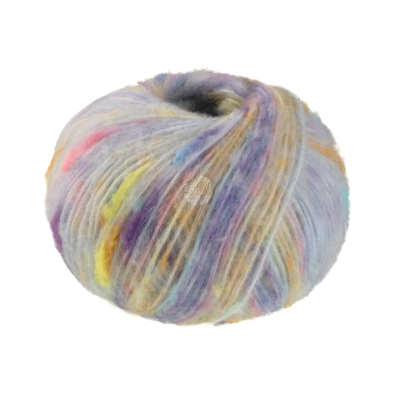 Cassata 4 Mint/Gelb/Orange/Hellblau von Lana Grossa. Flauschiges Effektgarn mit Merinofasern und bunten Farbspots aus Baumwolle.