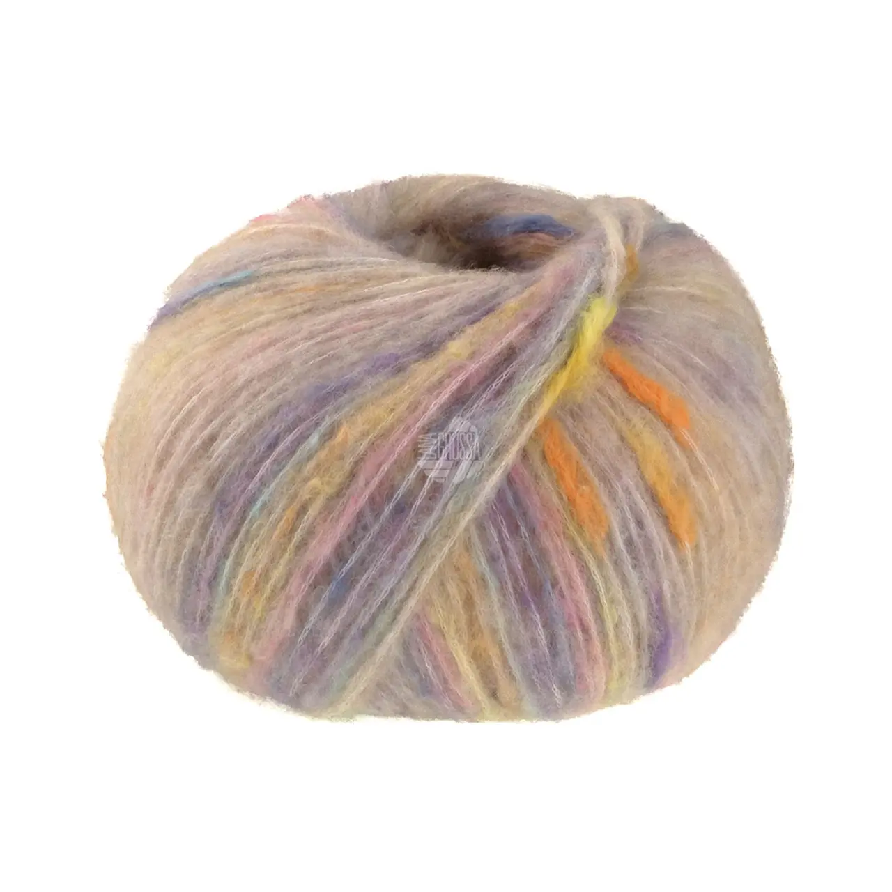 Cassata 7 Hellbeige/Gelb/Orange/Jeansblau/Rosa von Lana Grossa. Flauschiges Effektgarn mit Merinofasern und bunten Farbspots aus Baumwolle.