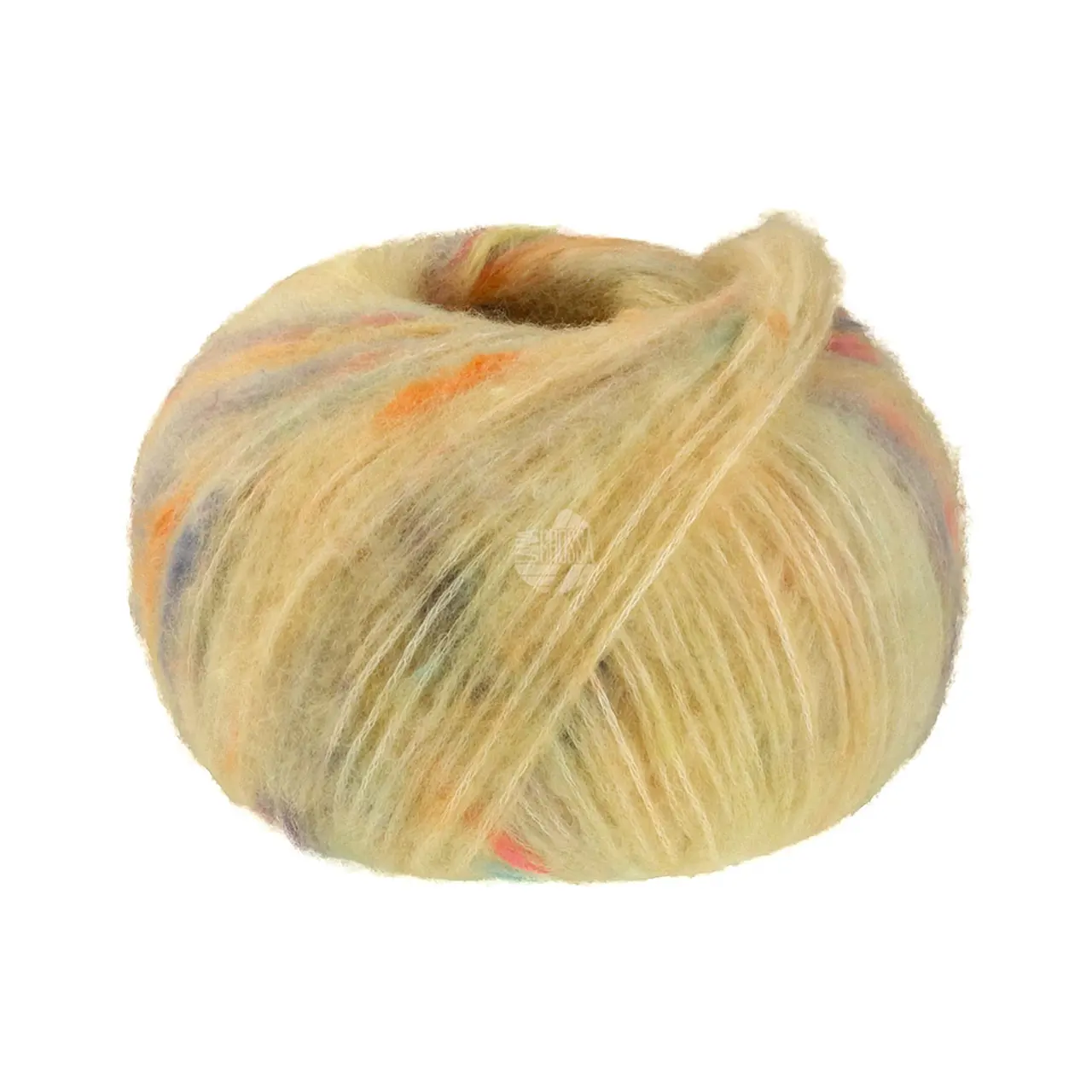 Cassata 9 Blass-/Zitrusgelb/Altrosa/Graublau/-Violett von Lana Grossa. Flauschiges Effektgarn mit Merinofasern und bunten Farbspots aus Baumwolle.