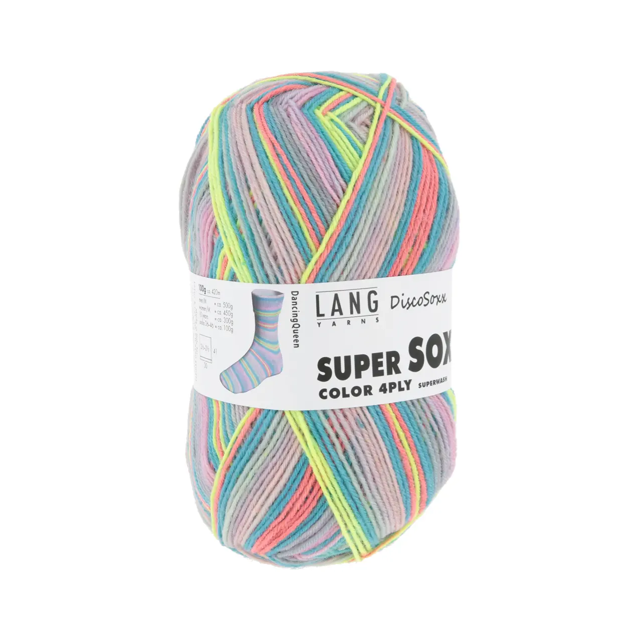 Super Soxx Color 4-Fach 518 Rosa/Türki/Lime 1145 Dancing Q von Lang Yarns.