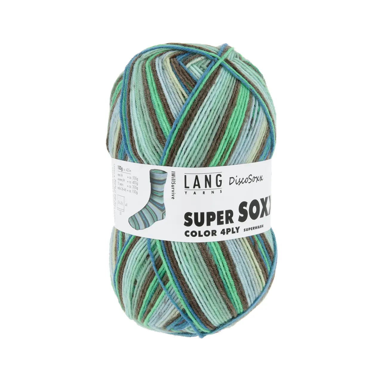 Super Soxx Color 4-Fach 520 Grün/Blau 1145 I Will Survive von Lang Yarns.