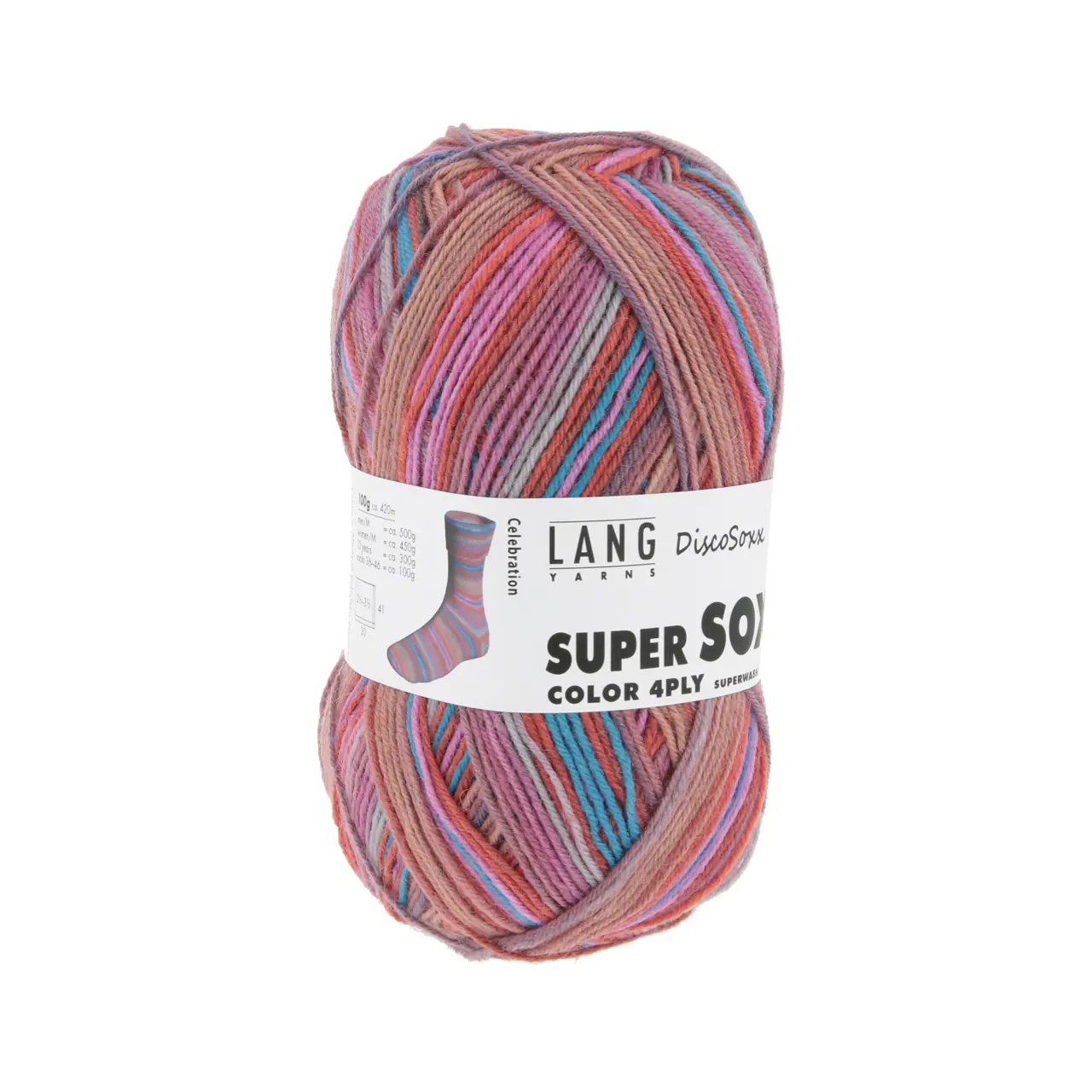 Super Soxx Color 4-Fach 521 Orange/Blau/Rosa 1145 Celebrat von Lang Yarns.