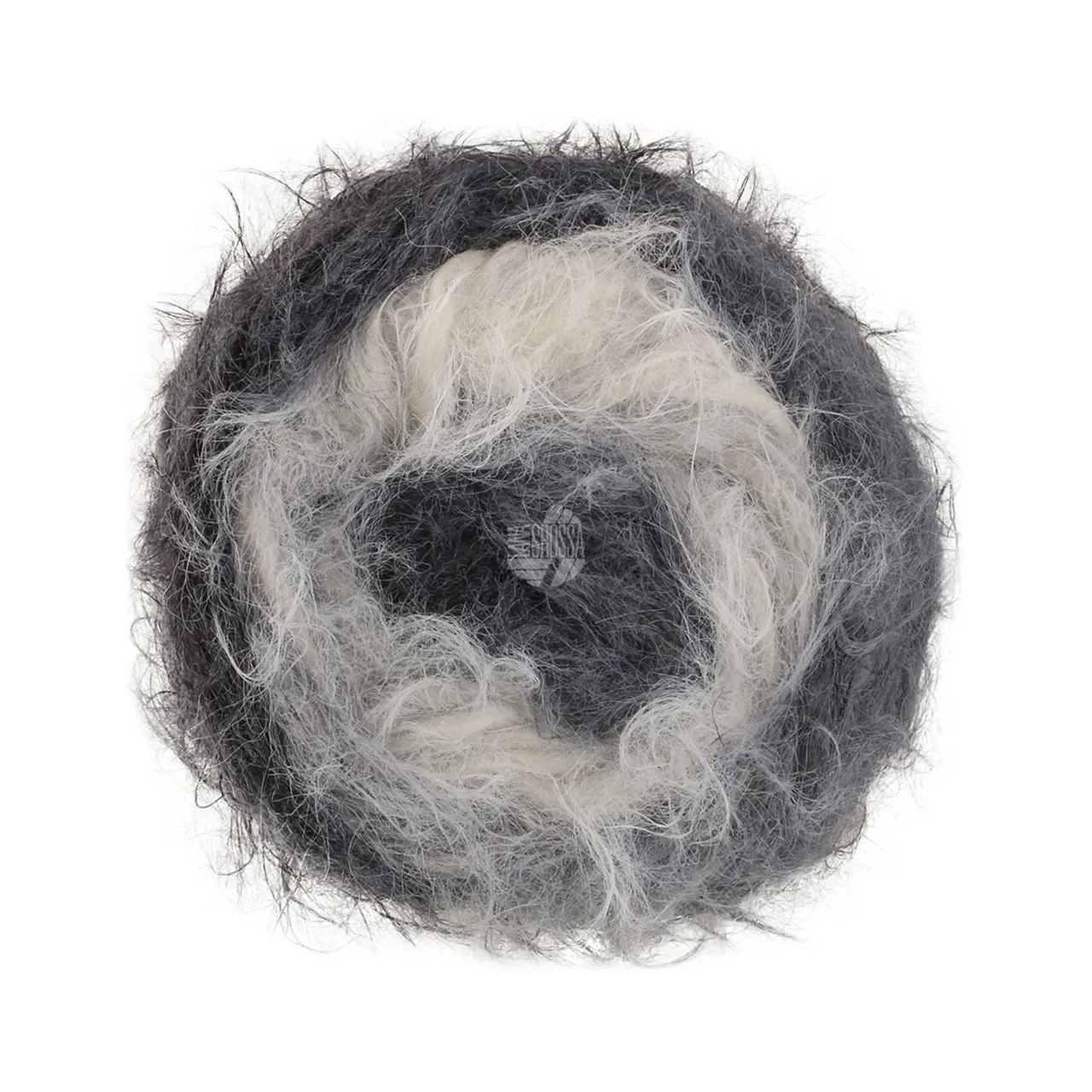 Basta Mista 109 Weiß/Hell-/Mittel-/Dunkelgrau/Anthrazit von Lana Grossa. Garn im Fake Fur Look locker verzwirnt aus einem Franseneffekt und feinen Merinofasern