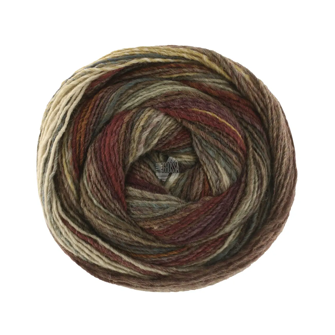 Gomitolo Intenso 234 Graubeige/Taupe/Rot-/Graubraun/Dunkelgrau/Grünbraun/Dunkelpetrol von Lana Grossa. Dochtgarn mit unregelmäßigem Ringeleffekt
