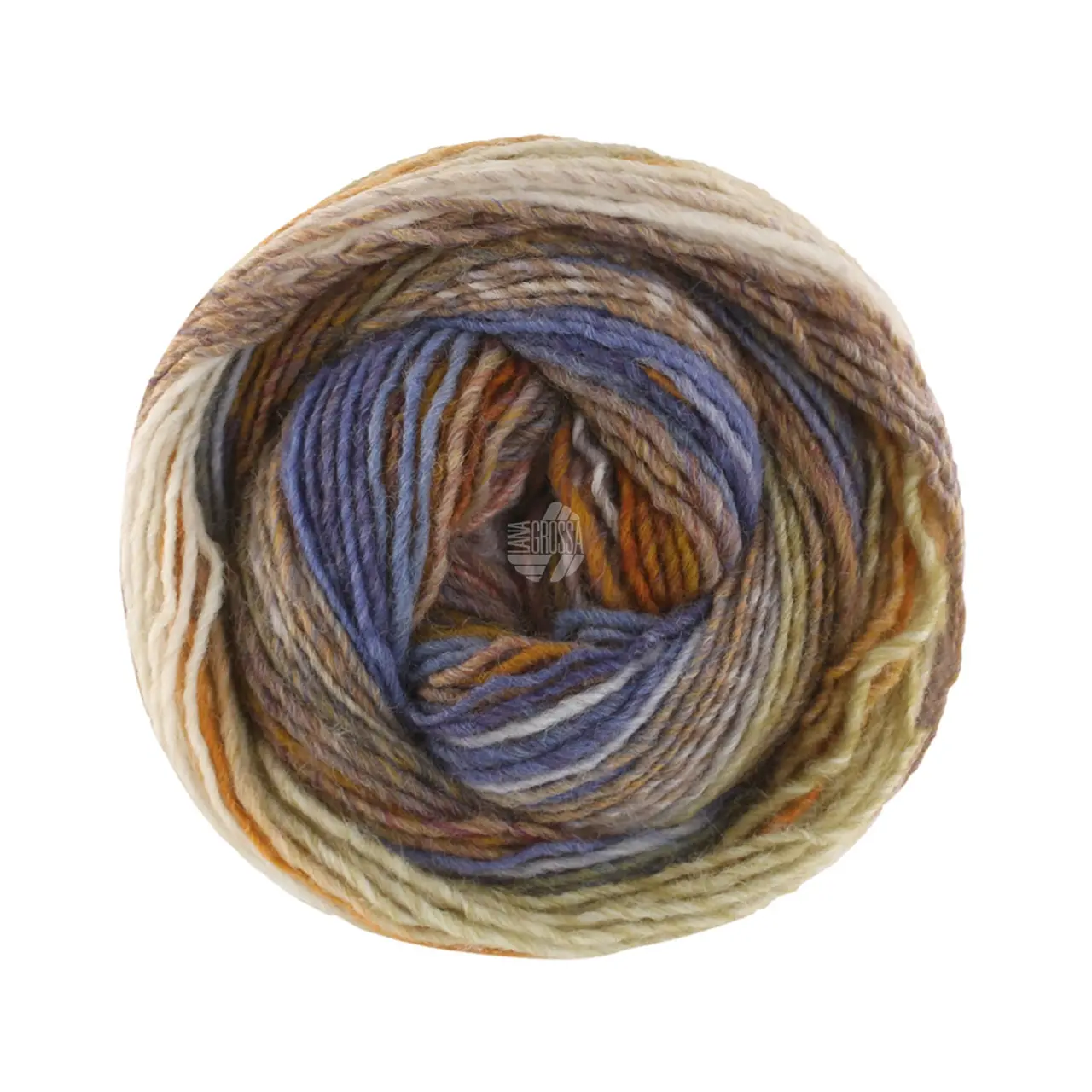 Gomitolo Intenso 235 Dotter-/Senfgelb/Eierschale/Graubeige/Violett/Jeans/Hellgrau/Grau von Lana Grossa. Dochtgarn mit unregelmäßigem Ringeleffekt