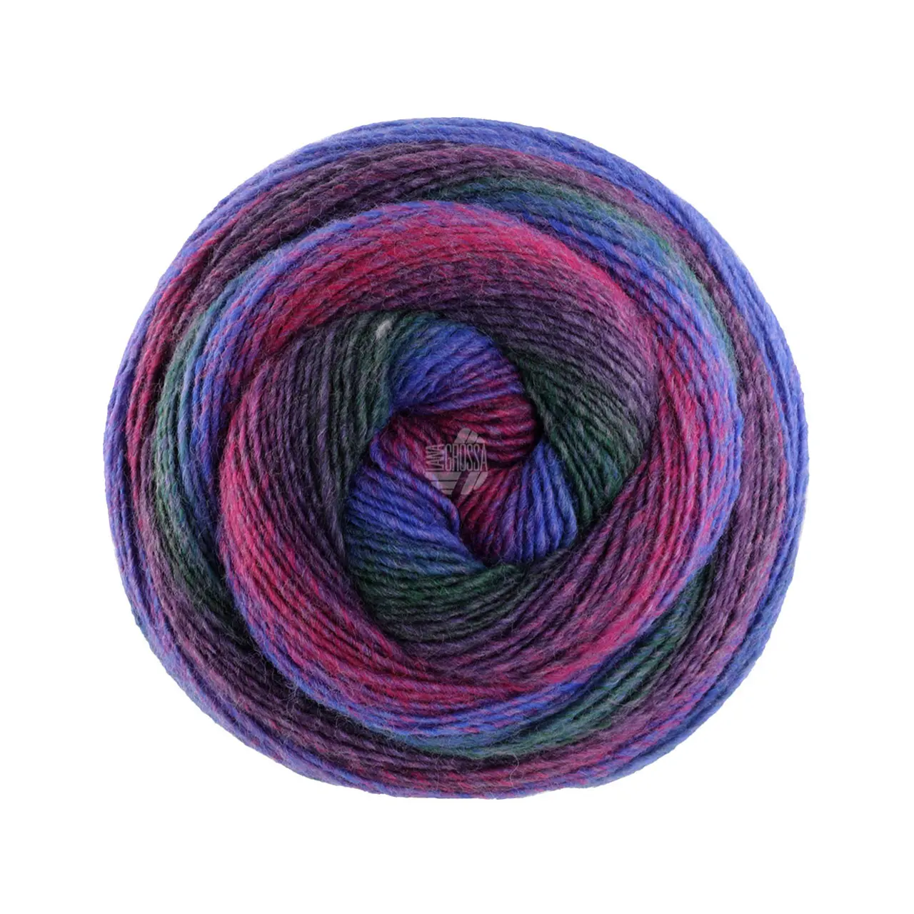 Gomitolo Versione 454 Tintenblau/Rot-/Dunkelviolett/Fuchsia/Waldgrün von Lana Grossa. Dochtgarn mit Farbverlauf