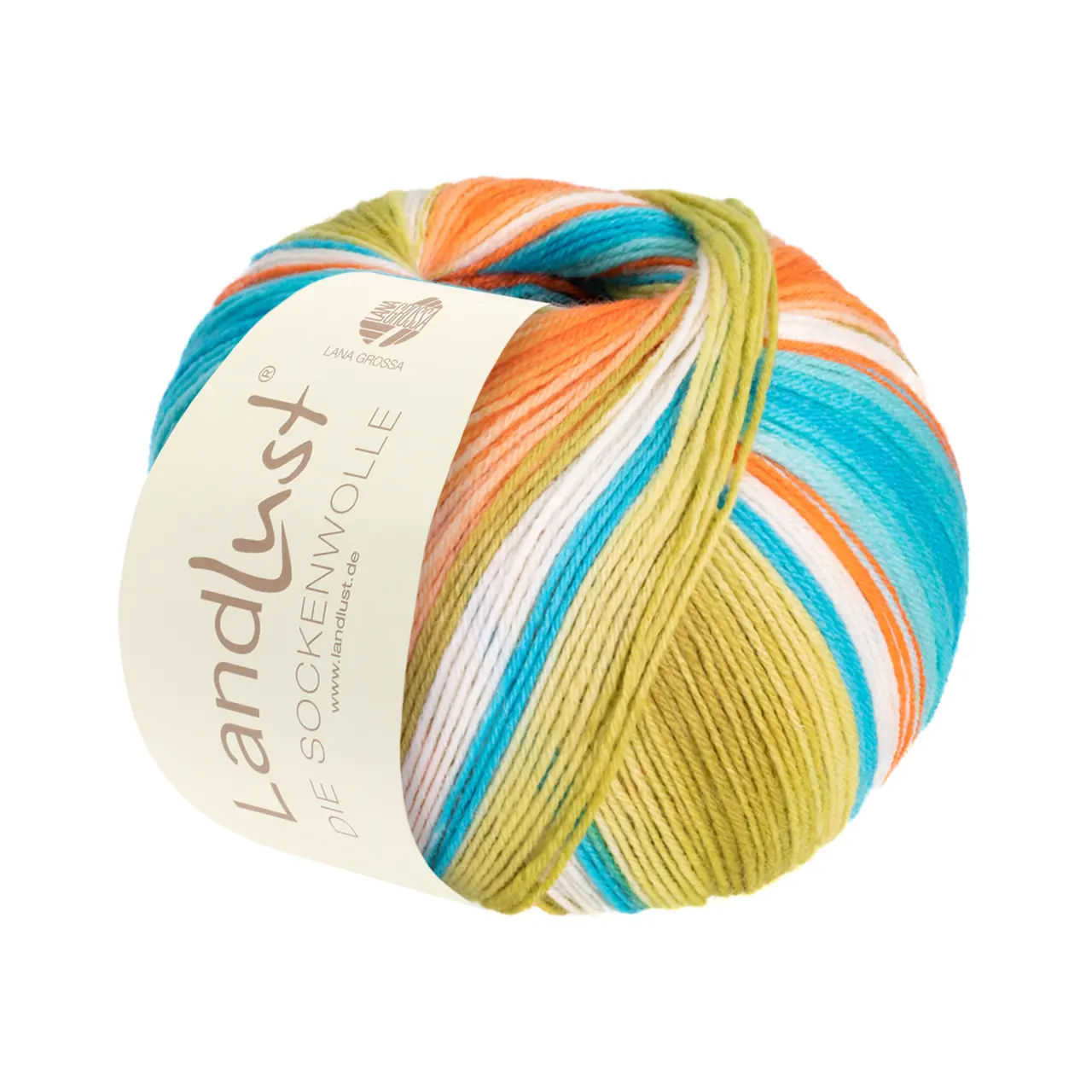 Landlust die Sockenwolle 117 Lindgrün/Petrol/Ecru/Lachs/Apricot/Türkis Gestreift von Lana Grossa. Sockengarn aus Merinowolle in verschiedenen Mustern und jeweils unterschiedlichen Farben