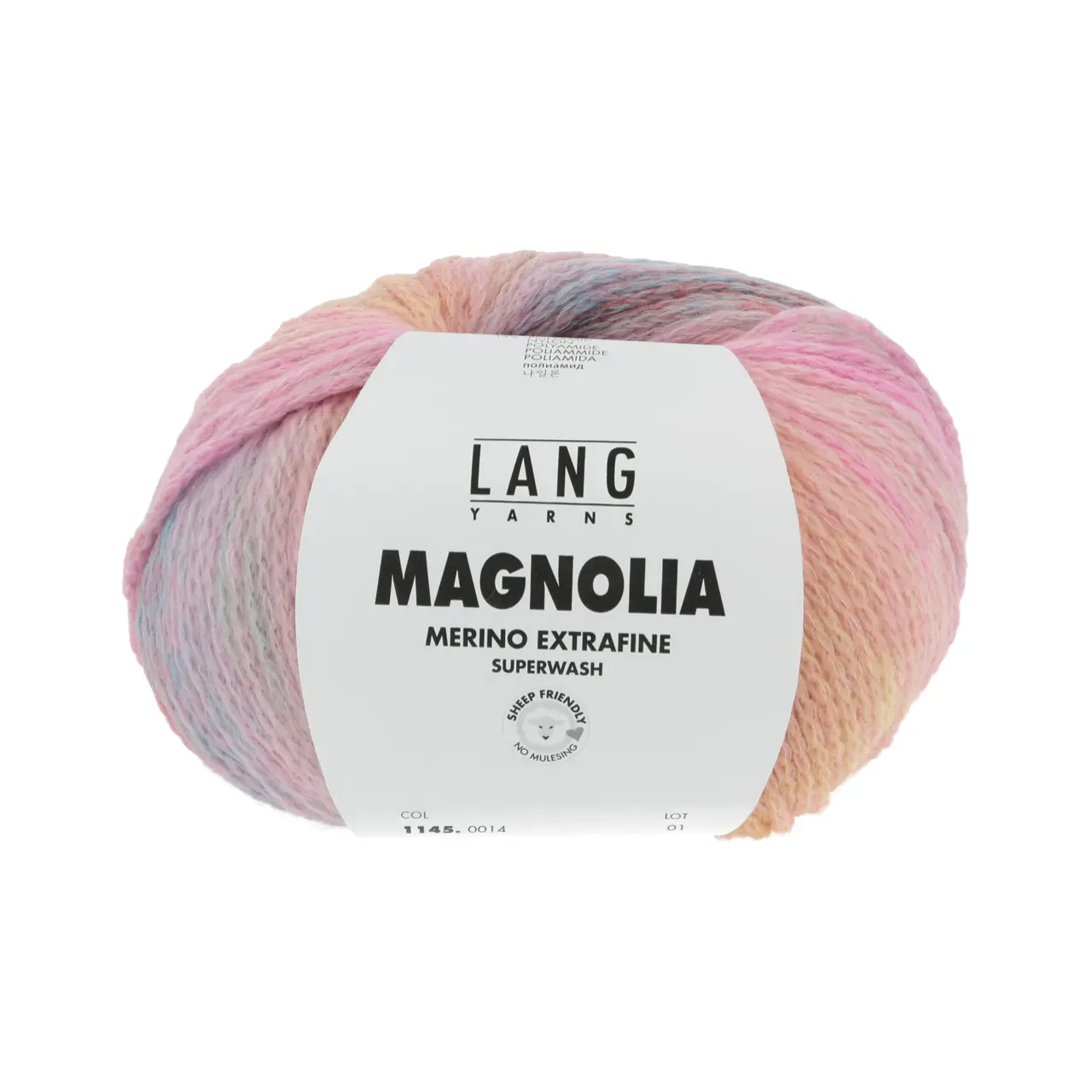 Magnolia 14 Pink/Orange/Blau von Lang Yarns. Tauchen Sie ein in ein Spektrum von Farben und erleben Sie wie auf Ihren Nadeln ein lebendiger Garten erblüht.