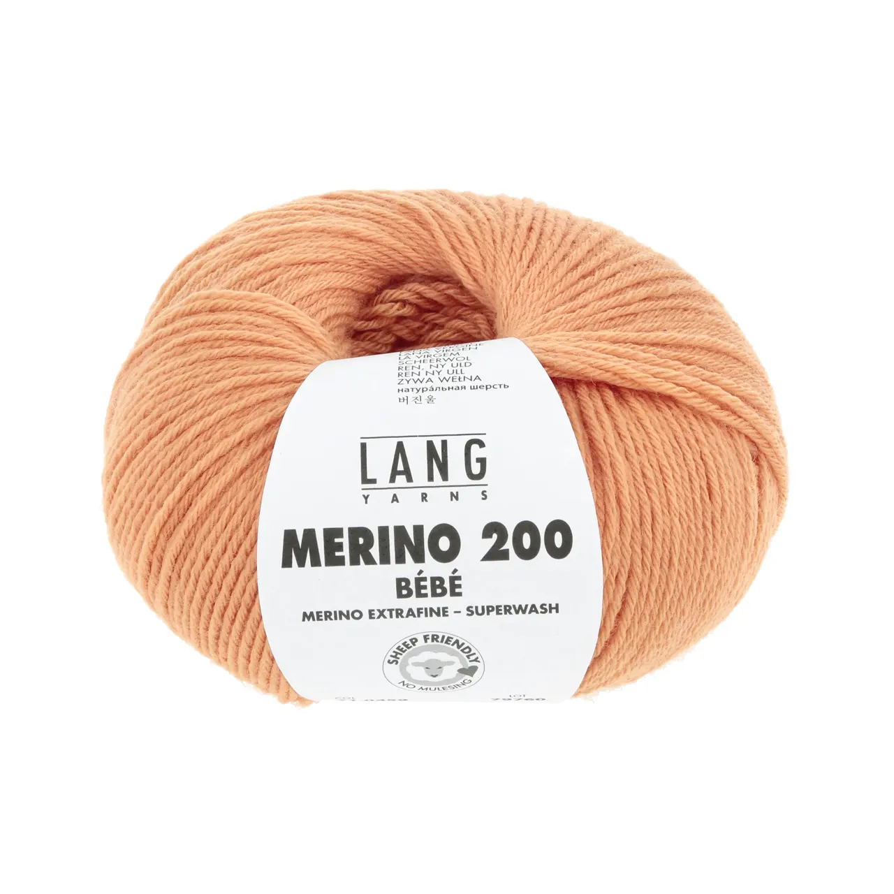 Merino 200 Bebe 459 Tangerine von Lang Yarns. Feine australische Merinowolle für hochwertige Bébé-Strickteile. Einfach verzwirnt ist sie atmungsaktiv warm weich im Griff und maschinenwaschbar - die erste Wahl für Babystrick.