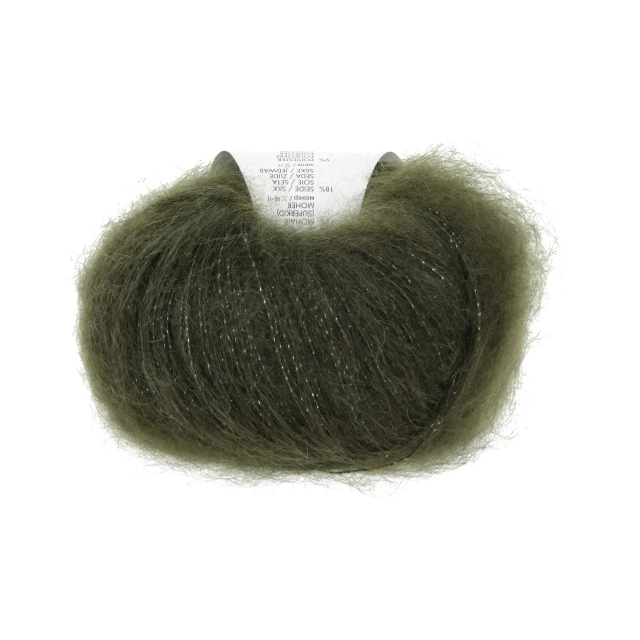 Mohair Luxe Lamé 98 Silber - Olive Dunkel von Lang Yarns. Superkid-Mohair gemischt mit Seide - ein federleichtes Garn für modische Accessoires und mehr.