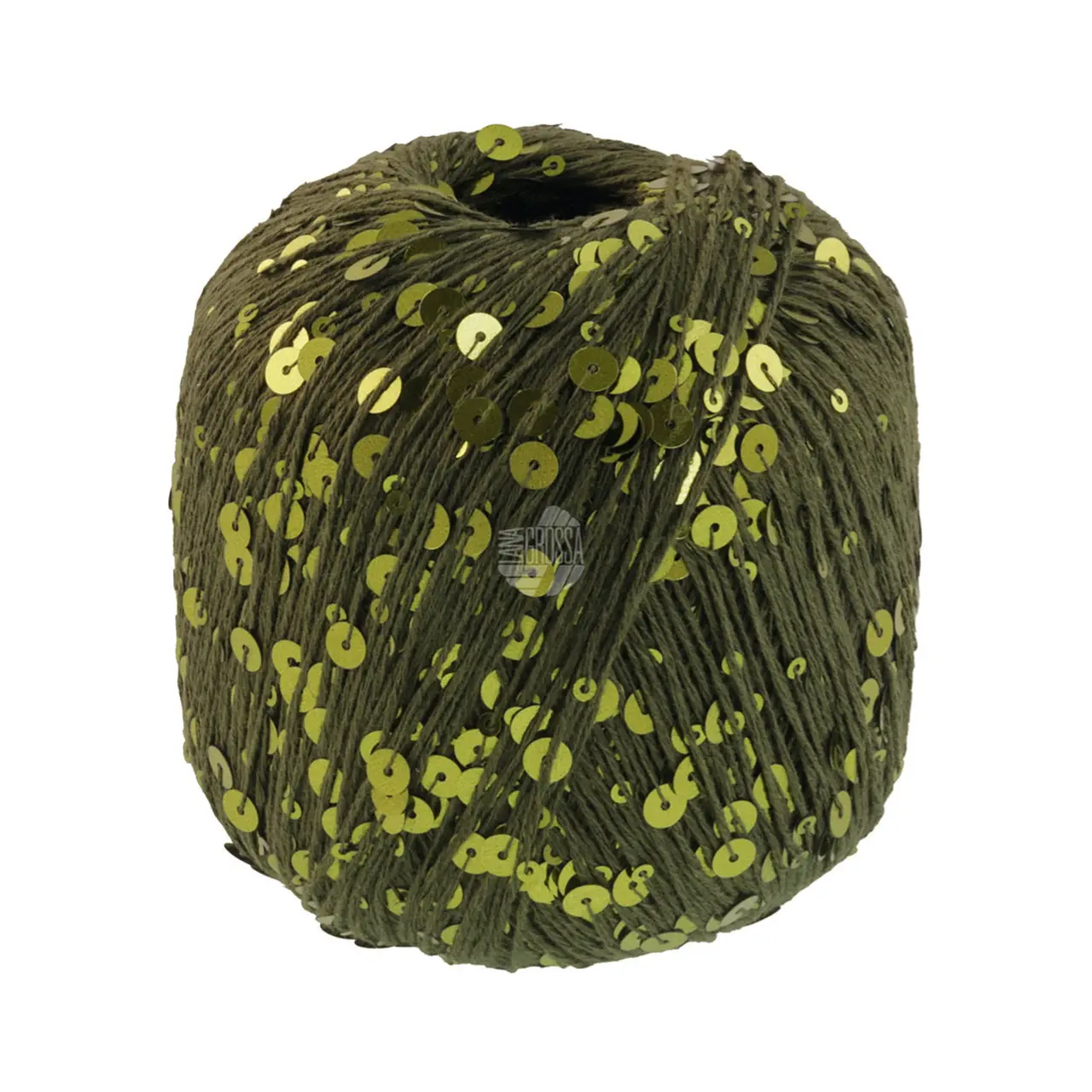 Cosmo 22 Dunkeloliv von Lana Grossa. Beilaufgarn aus Baumwolle mit großen und kleinen Pailletten