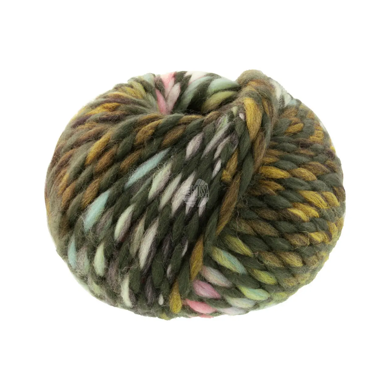 Dolce 4 Moosgrün/Zartrosa/Mintgrün/Oliv/Senf von Lana Grossa. Dickes locker verzwirnt Merino-Dochtgarn mit Mouliné- Effekt