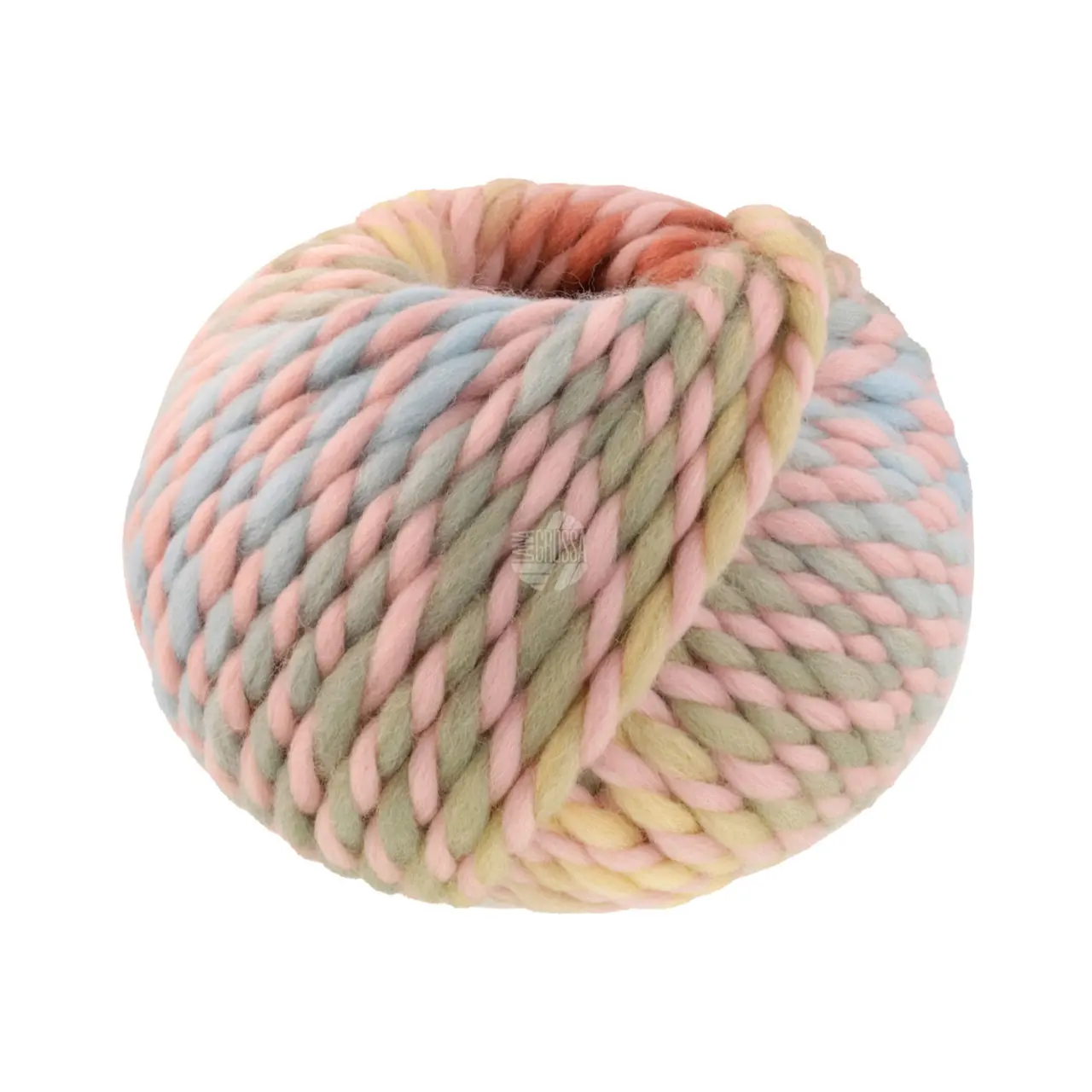 Dolce 6 Pastellrosa/Vanille/Mint/Terrakotta von Lana Grossa. Dickes locker verzwirnt Merino-Dochtgarn mit Mouliné- Effekt