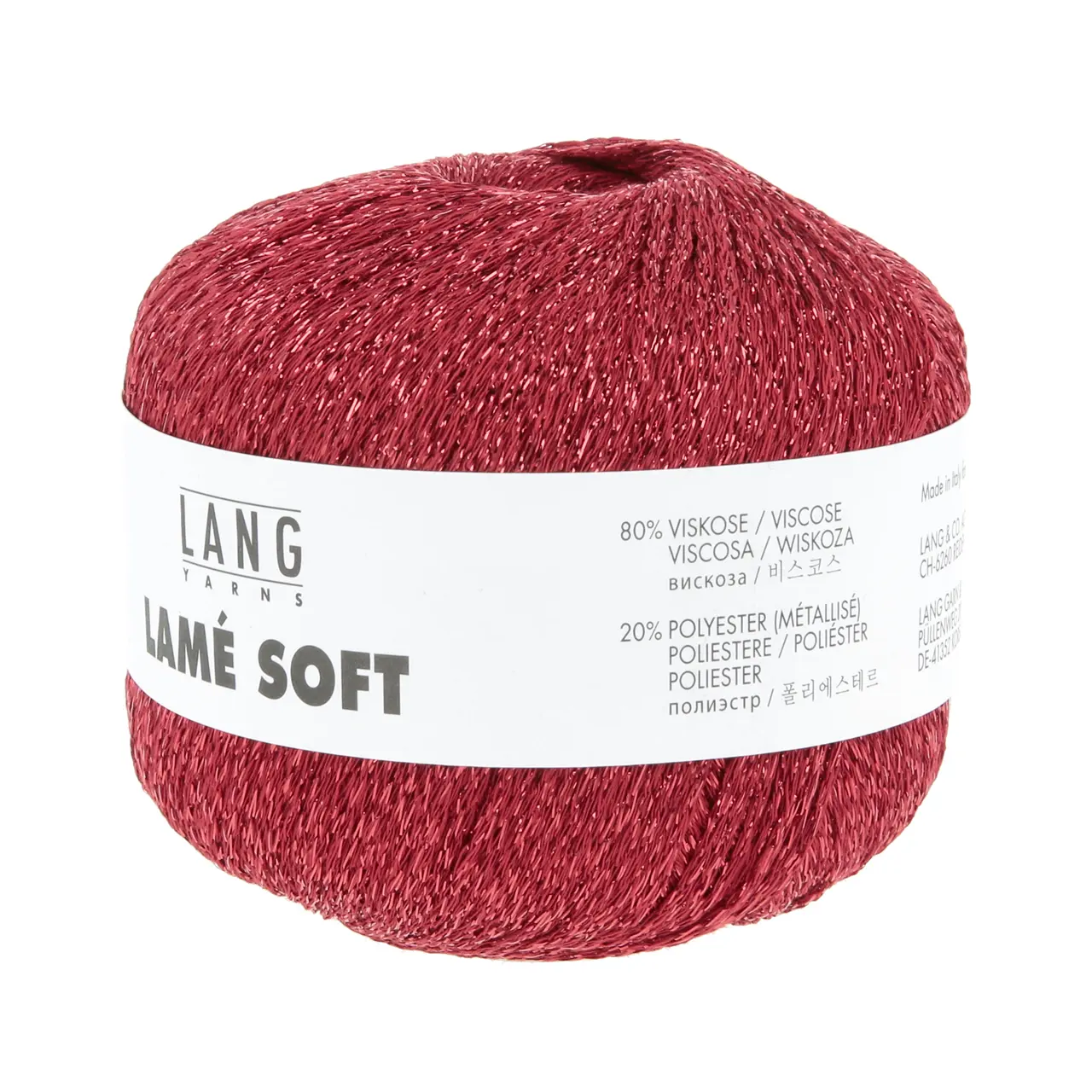 Lamé Soft 61 Rot von Lang Yarns. LAMÉ SOFT ist ein hochwertiges Lamé-Garn auf Viskosebasis das sich durch eine weiche Haptik von herkömmlichen oft Polyamid basierten Lamé-Garnen abhebt. Es eignet sich perfekt als Beilaufgarn um elegante Akzente zu setzen oder all-over für ein strahlendes Highlight-Piece. Ideal für stilvolle Strickprojekte mit einem Hauch von Glamour.