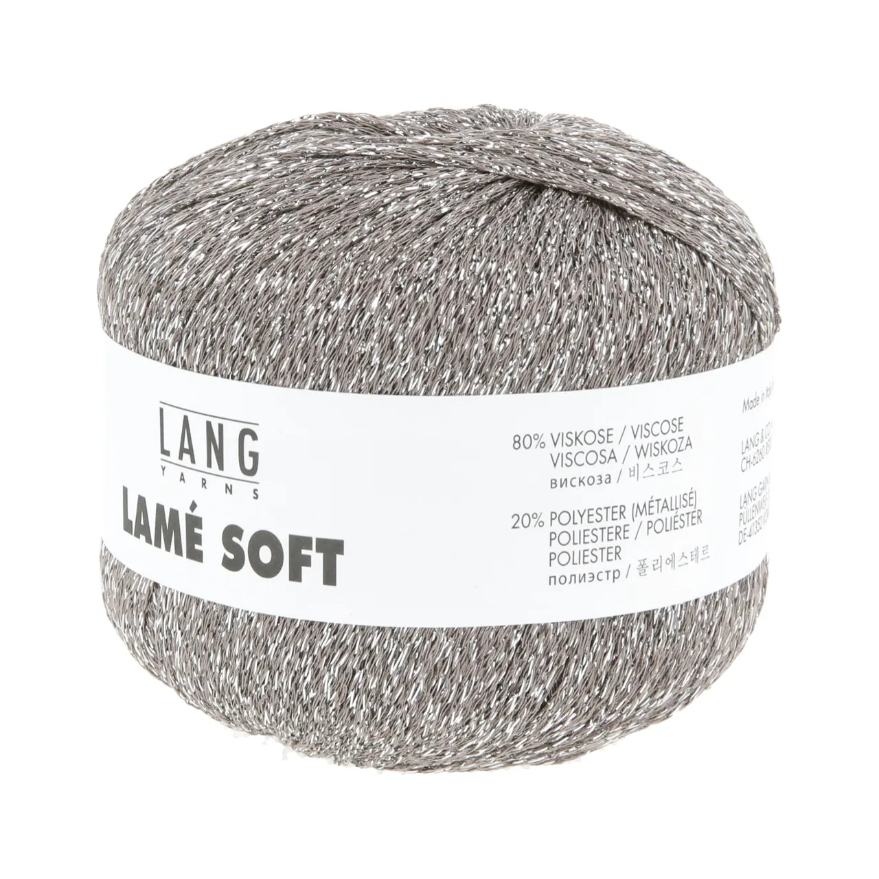 Lamé Soft 96 Stein von Lang Yarns. LAMÉ SOFT ist ein hochwertiges Lamé-Garn auf Viskosebasis das sich durch eine weiche Haptik von herkömmlichen oft Polyamid basierten Lamé-Garnen abhebt. Es eignet sich perfekt als Beilaufgarn um elegante Akzente zu setzen oder all-over für ein strahlendes Highlight-Piece. Ideal für stilvolle Strickprojekte mit einem Hauch von Glamour.