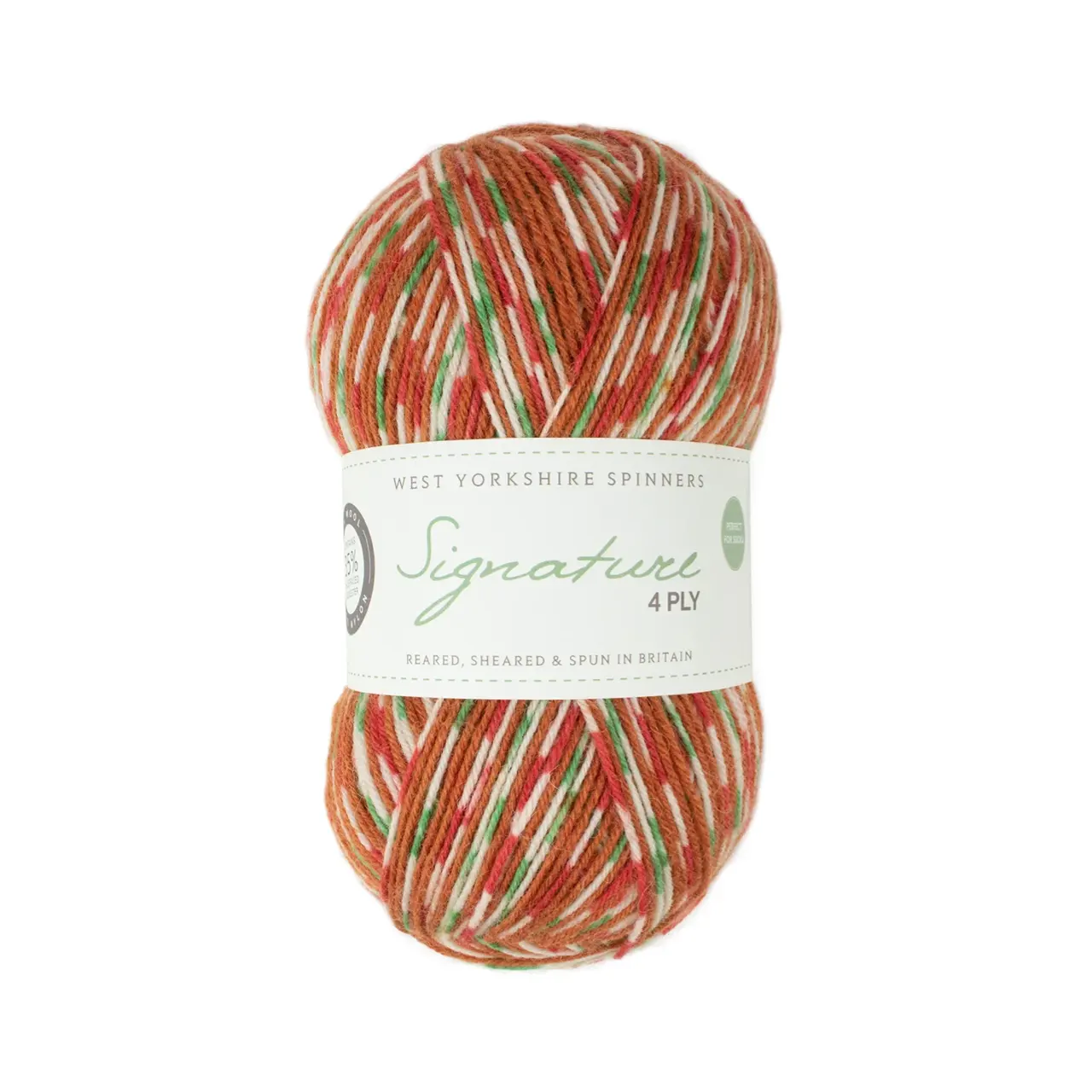 Signature 4-Fach Christmas 1109 Gingerbread von West Yorkshire Spinners. Sehr weiches und strapazierfähiges Garn aus hochwertigen Materialien mit außergewöhnlicher Vielseitigkeit ideal für Socken Schals und Tücher mit schönem Fall. Erhältlich in vielen kräftigen bis natürlichen Unifarben aber auch als selbststreifende „Colormix“ Variante. Mehrfach als „Bestes Sockengarn“ ausgezeichnet.