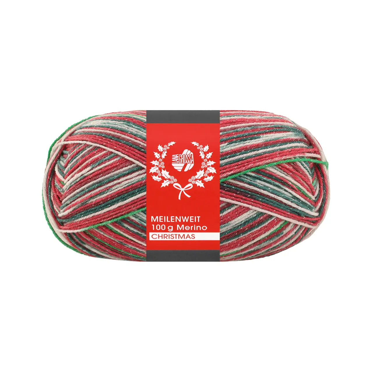 Meilenweit 100 Merino Christmas Lurex 6802 Dunkelgrün/Weiß/Rot/Hellgrün/Dunkelrot von Lana Grossa. Hochwertiges Sockengarn aus Merino-Wolle waschmaschinenfest