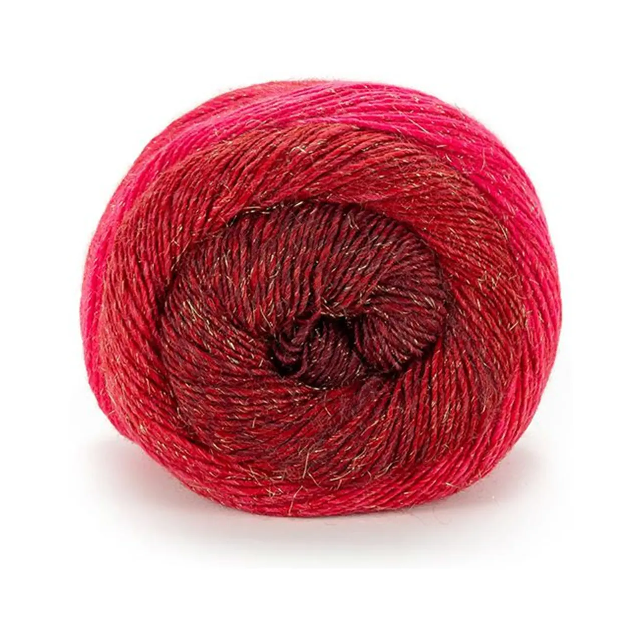 Poema Glitter 102 Rot/Bordeaux/Gold​ von Laines Du Nord. Ein traumhaft weiches Garn aus mulesingfreier Merinowolle mit feinen gleichmäßigen Farbverläufen die kunstvoll mit zarten Lurex-Akzenten in Gold oder Silber veredelt sind.