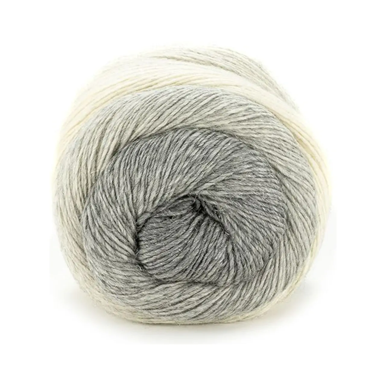 Poema Glitter 103 Weiß/Grau/Silber​ von Laines Du Nord. Ein traumhaft weiches Garn aus mulesingfreier Merinowolle mit feinen gleichmäßigen Farbverläufen die kunstvoll mit zarten Lurex-Akzenten in Gold oder Silber veredelt sind.