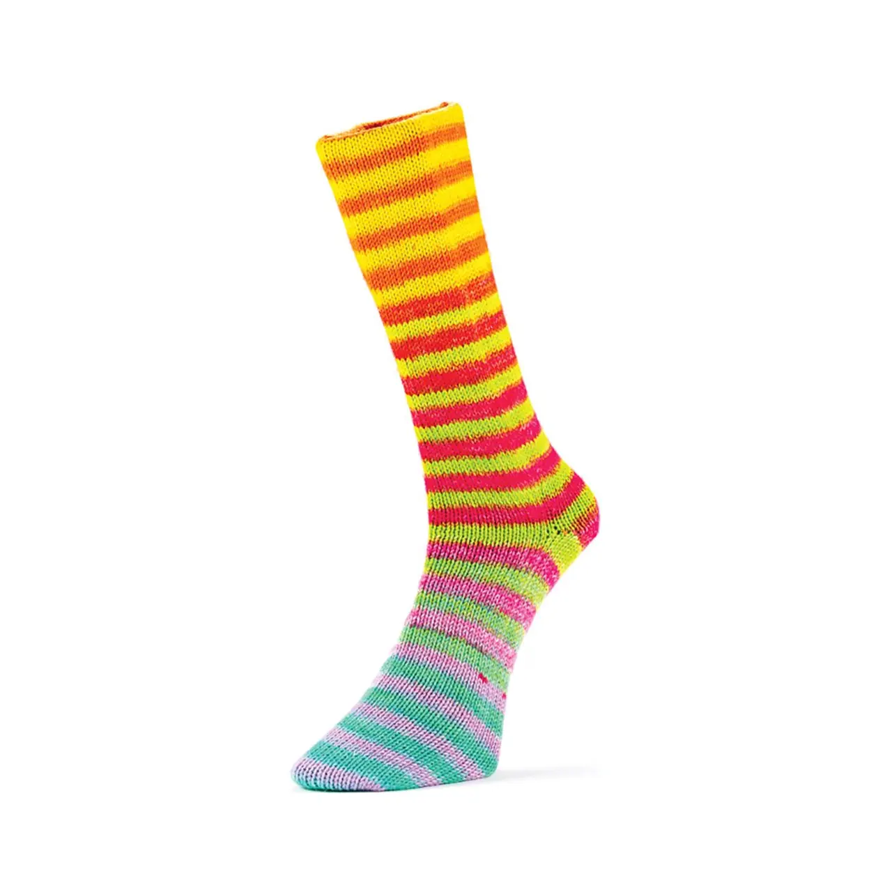 Paint Socks 6-Fach 7 Gelb/Orange/Rot/Lila/Türkis von Laines Du Nord. Dicke warme und farbenfrohe Sockenwolle 6-fach - perfekt für gemütliche robuste Stricksocken und individuelle Accessoires. Die hochwertigen Fasern bestehen aus mulesingfreier chlorfrei behandelter Schurwolle und bieten ein angenehmes Tragegefühl.