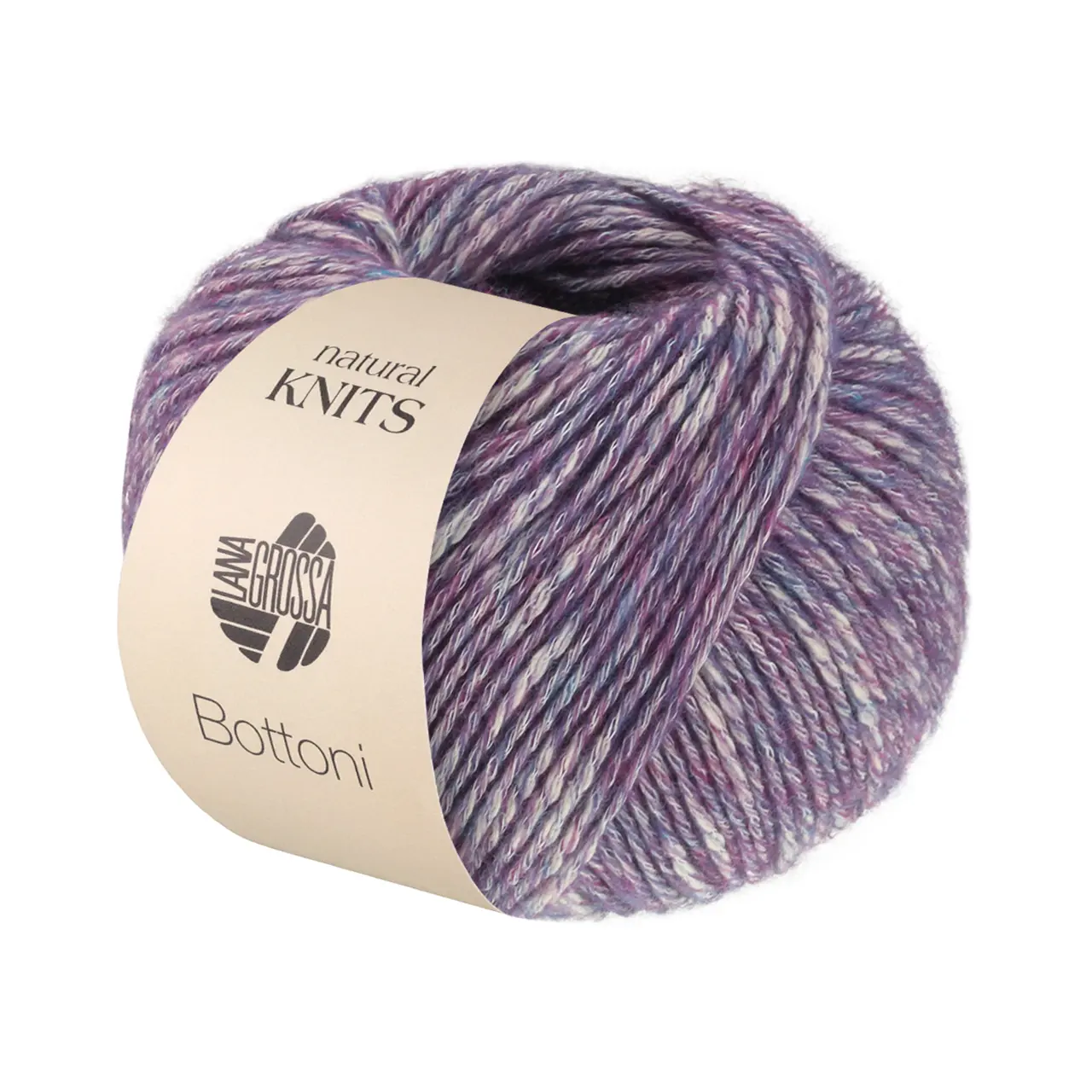 Bottoni 17 Violett/Rohweiß von Lana Grossa. Strukturiertes Kettengarn aus weichem Baumwolle- Viskosegemisch umhüllt mit zarten Merinofasern