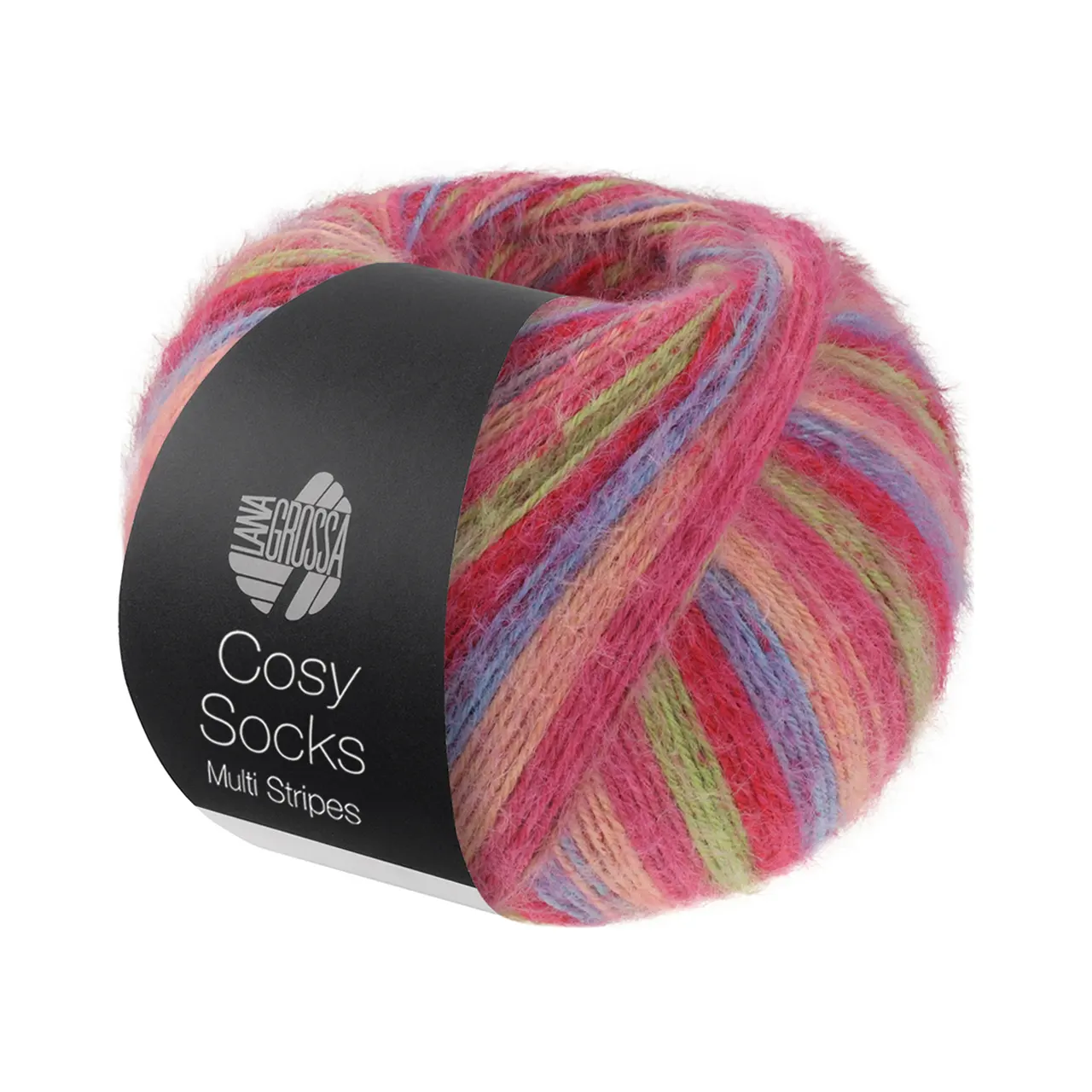 Cosy Socks Multi Stripes 152 Tulpenrot/Veilchenblau/Lachsrosa/Pink/Hellgrün von Lana Grossa. Flauschiges Sockengarn mit Merinowolle mit besonderem Druckeffekt waschmaschinenfest