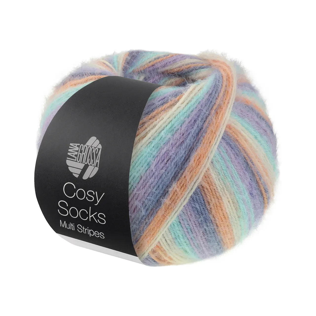 Cosy Socks Multi Stripes 153 Lavendel/Graublau/Lachs/Creme/Türkis von Lana Grossa. Flauschiges Sockengarn mit Merinowolle mit besonderem Druckeffekt waschmaschinenfest