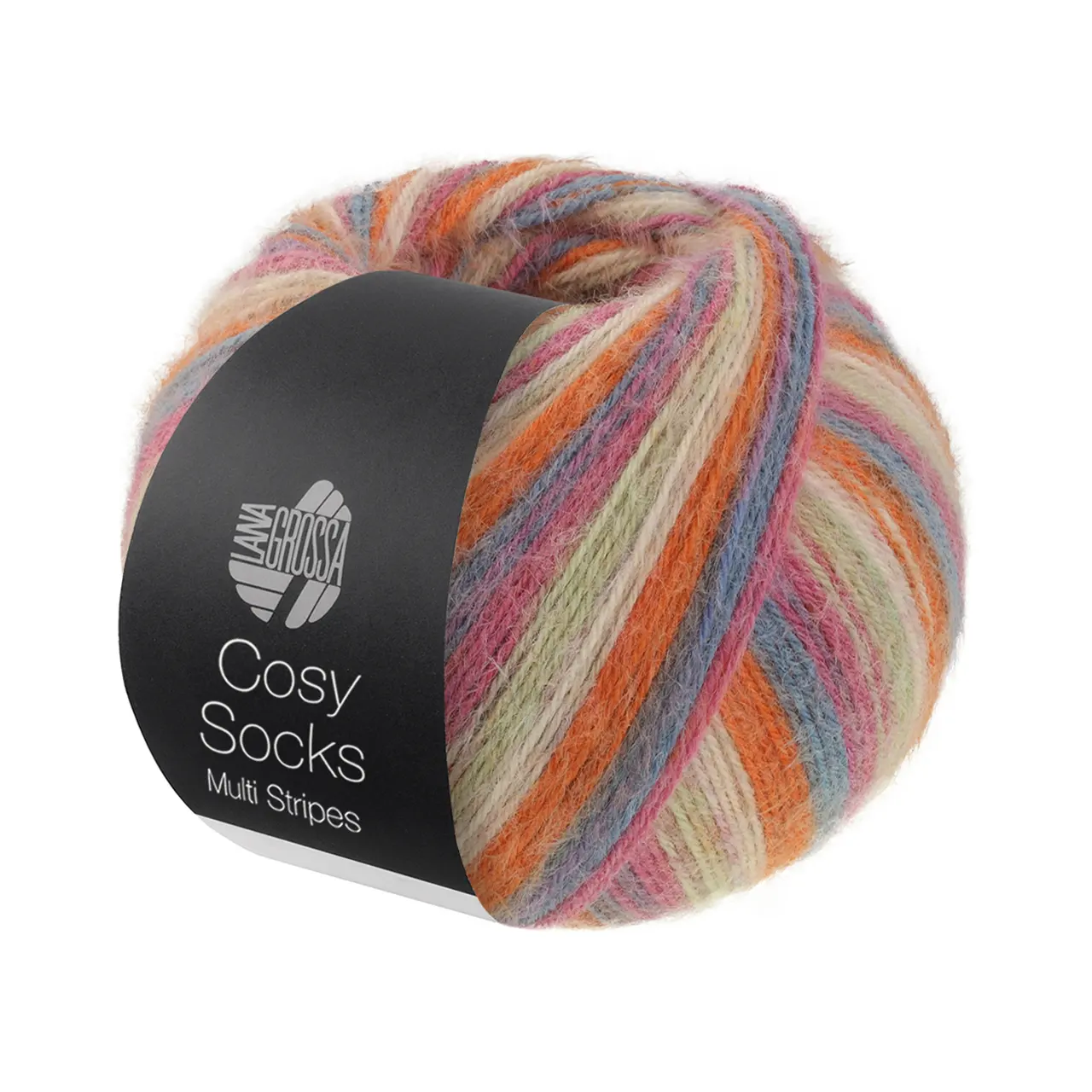 Cosy Socks Multi Stripes 154 Dunkelgrau/Graublau/Fuchsia/Lichtgrün/Creme/Orange von Lana Grossa. Flauschiges Sockengarn mit Merinowolle mit besonderem Druckeffekt waschmaschinenfest