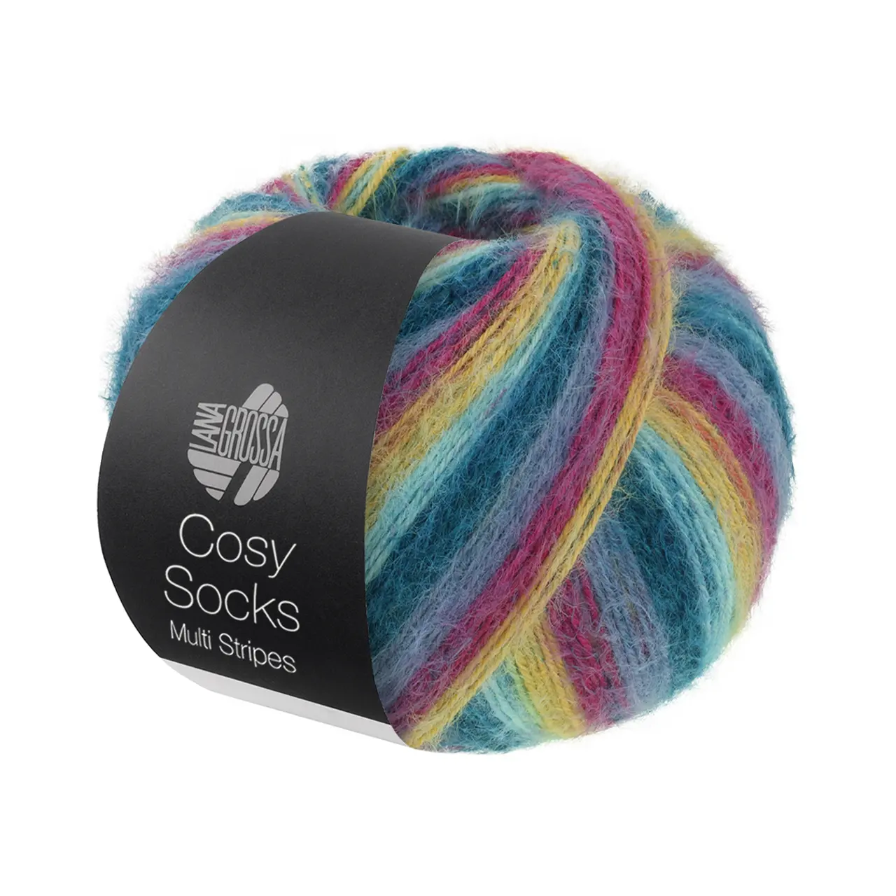 Cosy Socks Multi Stripes 155 Dunkelpetrol/Helltürkis/Gelb/Orchidee/Grauviolett von Lana Grossa. Flauschiges Sockengarn mit Merinowolle mit besonderem Druckeffekt waschmaschinenfest