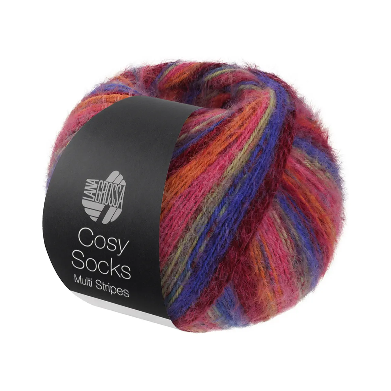 Cosy Socks Multi Stripes 156 Blauviolett/Weinrot/Kürbis/Pink/Graugrün von Lana Grossa. Flauschiges Sockengarn mit Merinowolle mit besonderem Druckeffekt waschmaschinenfest