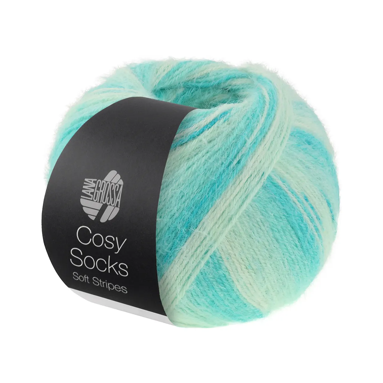 Cosy Socks Soft Stripes 102 Jade/Licht-/Weißgrün/Rohweiß von Lana Grossa. Flauschiges Sockengarn mit Merinowolle mit besonderem Druckeffekt waschmaschinenfest