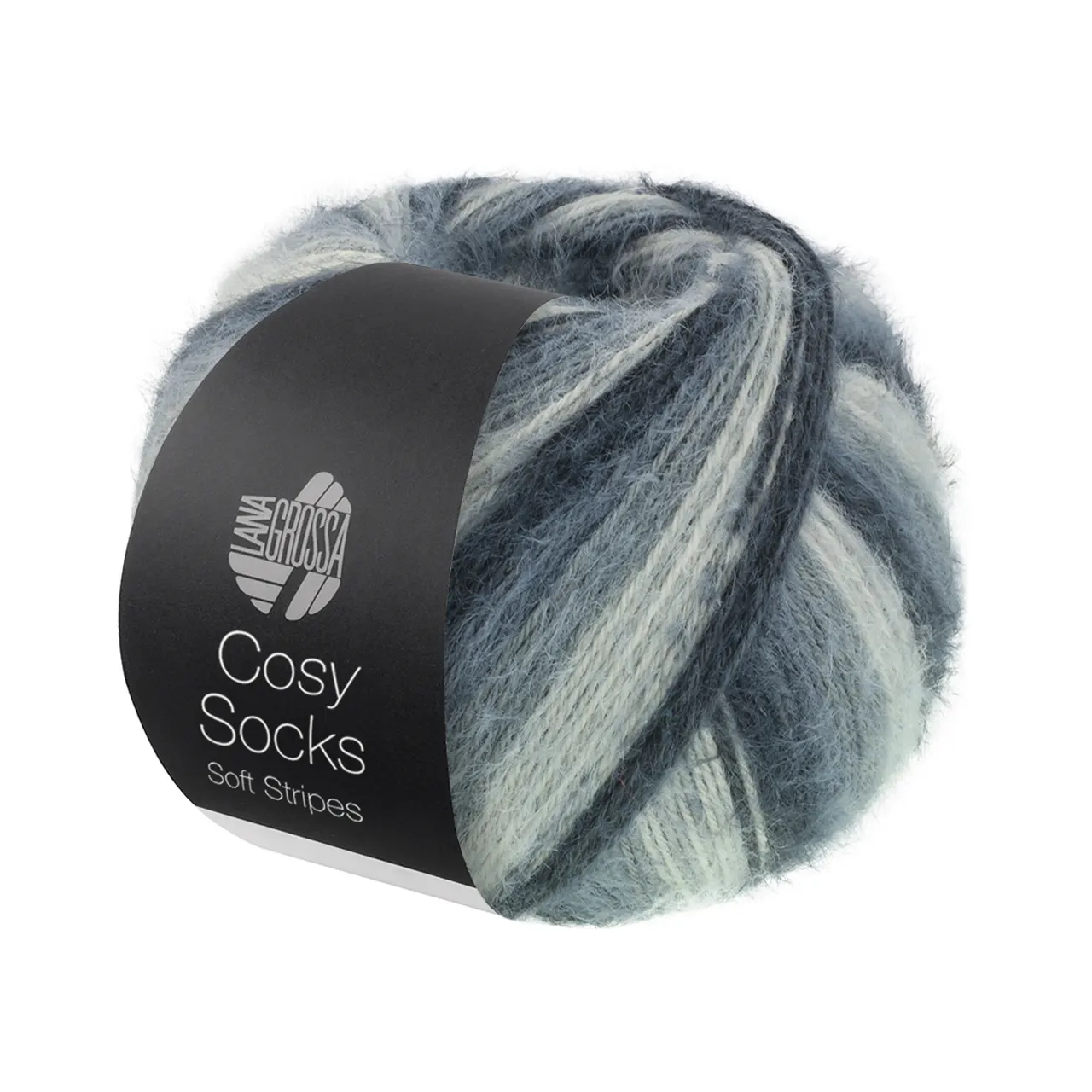 Cosy Socks Soft Stripes 104 Anthrazit/Dunkel-/Maus-/Hellgrau von Lana Grossa. Flauschiges Sockengarn mit Merinowolle mit besonderem Druckeffekt waschmaschinenfest