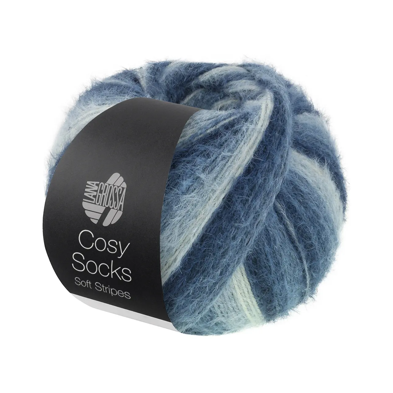 Cosy Socks Soft Stripes 106 Schwarz-/Grau-/Rauch-/Weißblau von Lana Grossa. Flauschiges Sockengarn mit Merinowolle mit besonderem Druckeffekt waschmaschinenfest