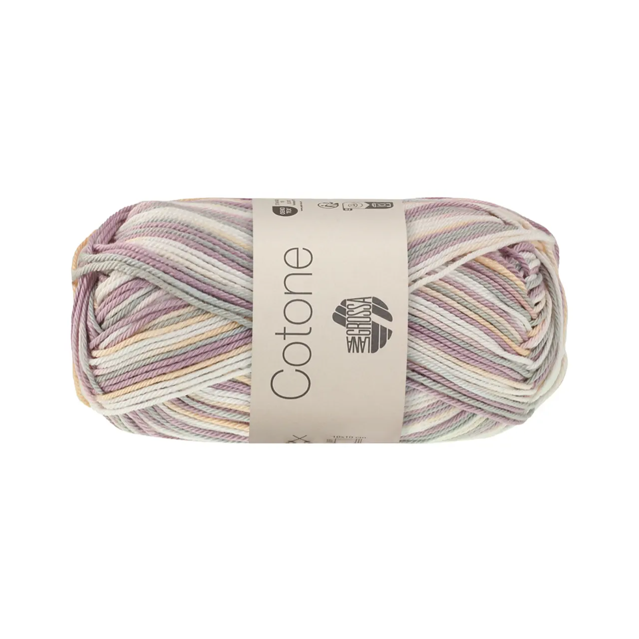 Cotone Print 369 Weiß/Pfirsich/Flieder/Grau von Lana Grossa. Baumwollbasicgarn