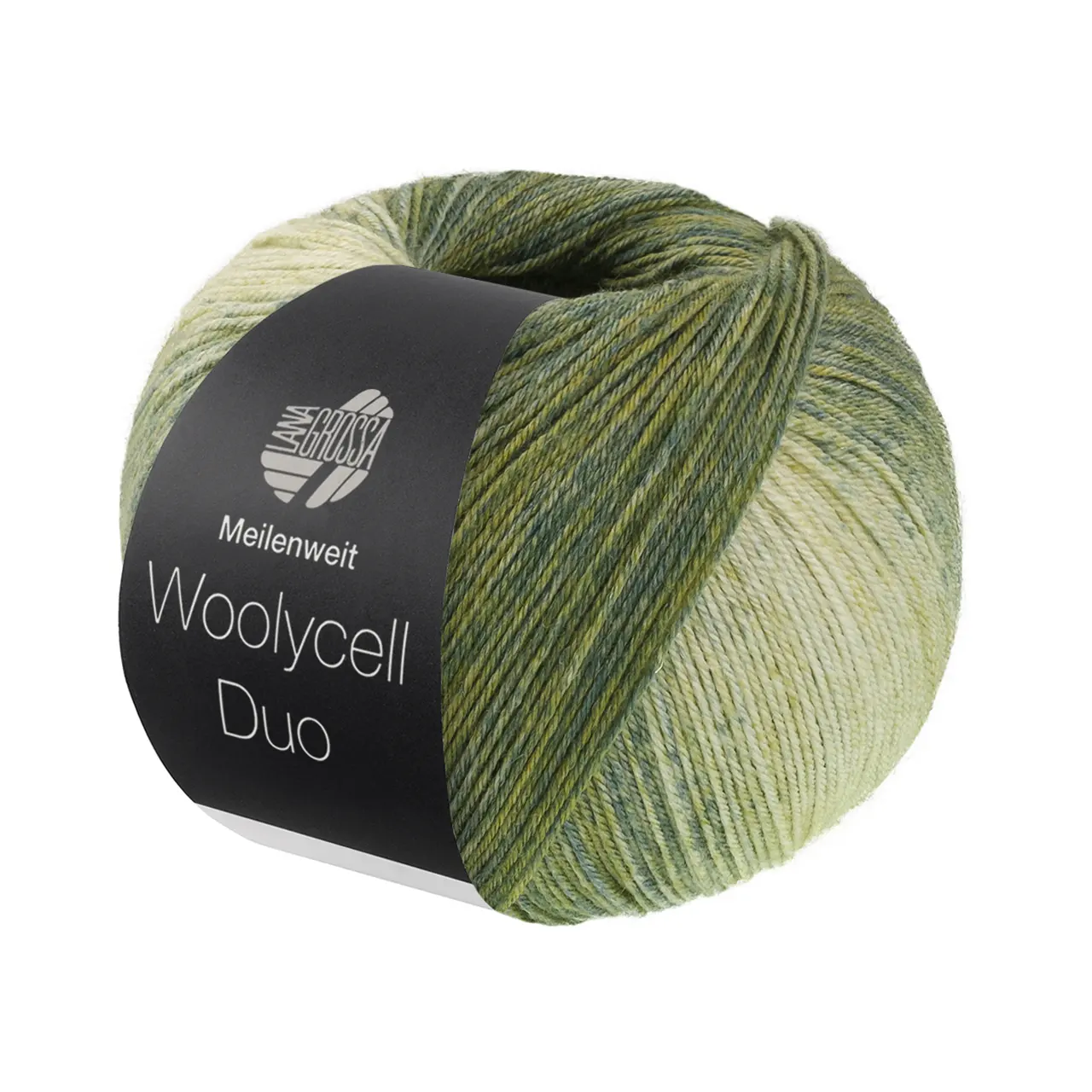 Meilenweit 100 Woolycell Duo 6008 Oliv-/Graugrün/Graubeige von Lana Grossa. Hochwertiges Sockengarn ohne Polyamidanteil aus Merinowolle & Lyocell im Farbverlauf bedruckt wasc